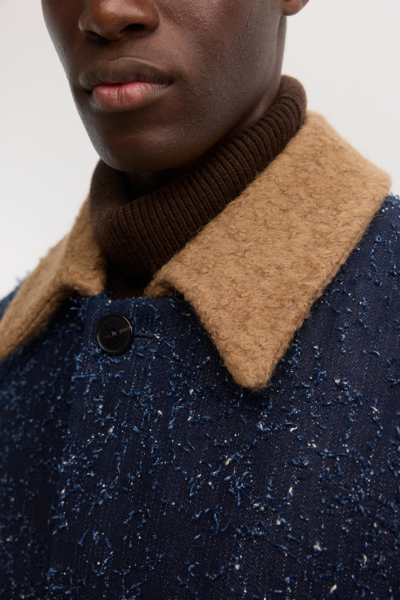 Distressed denim and boucle short coat