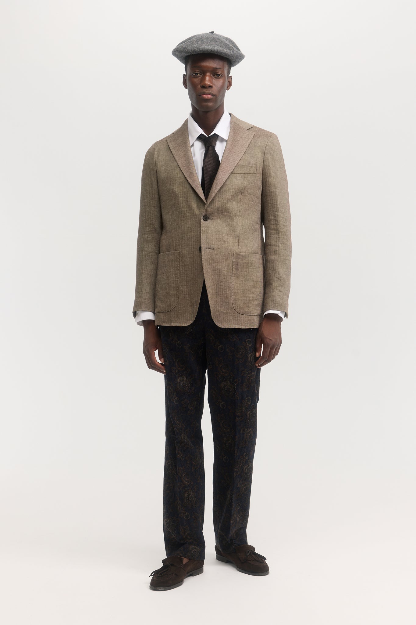 Brown herringbone wool linen unconstructed blazer