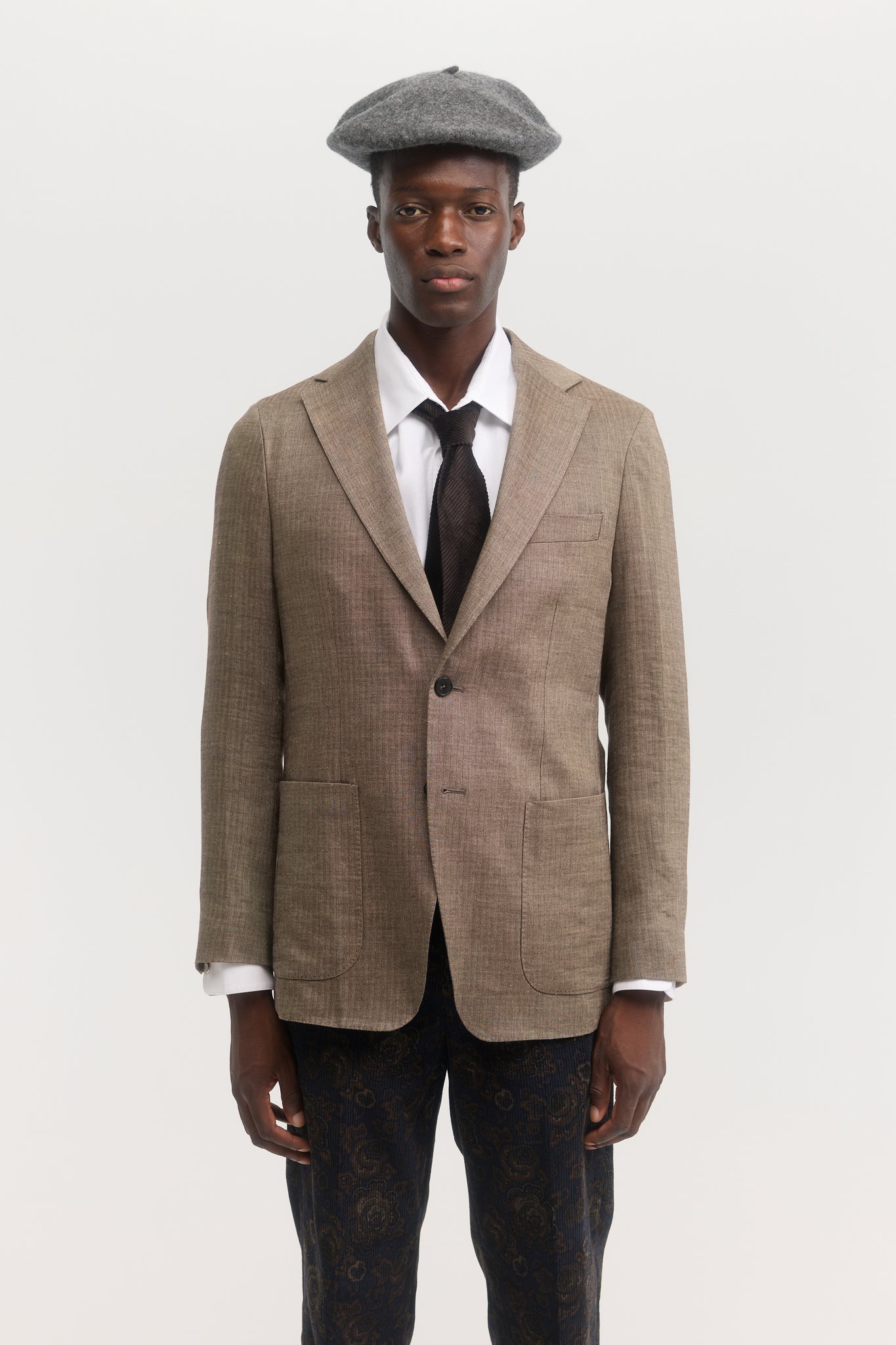 Brown herringbone wool linen unconstructed blazer
