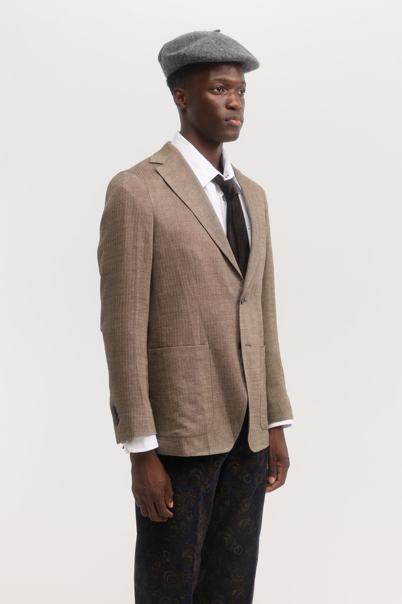Brown herringbone wool linen unconstructed blazer