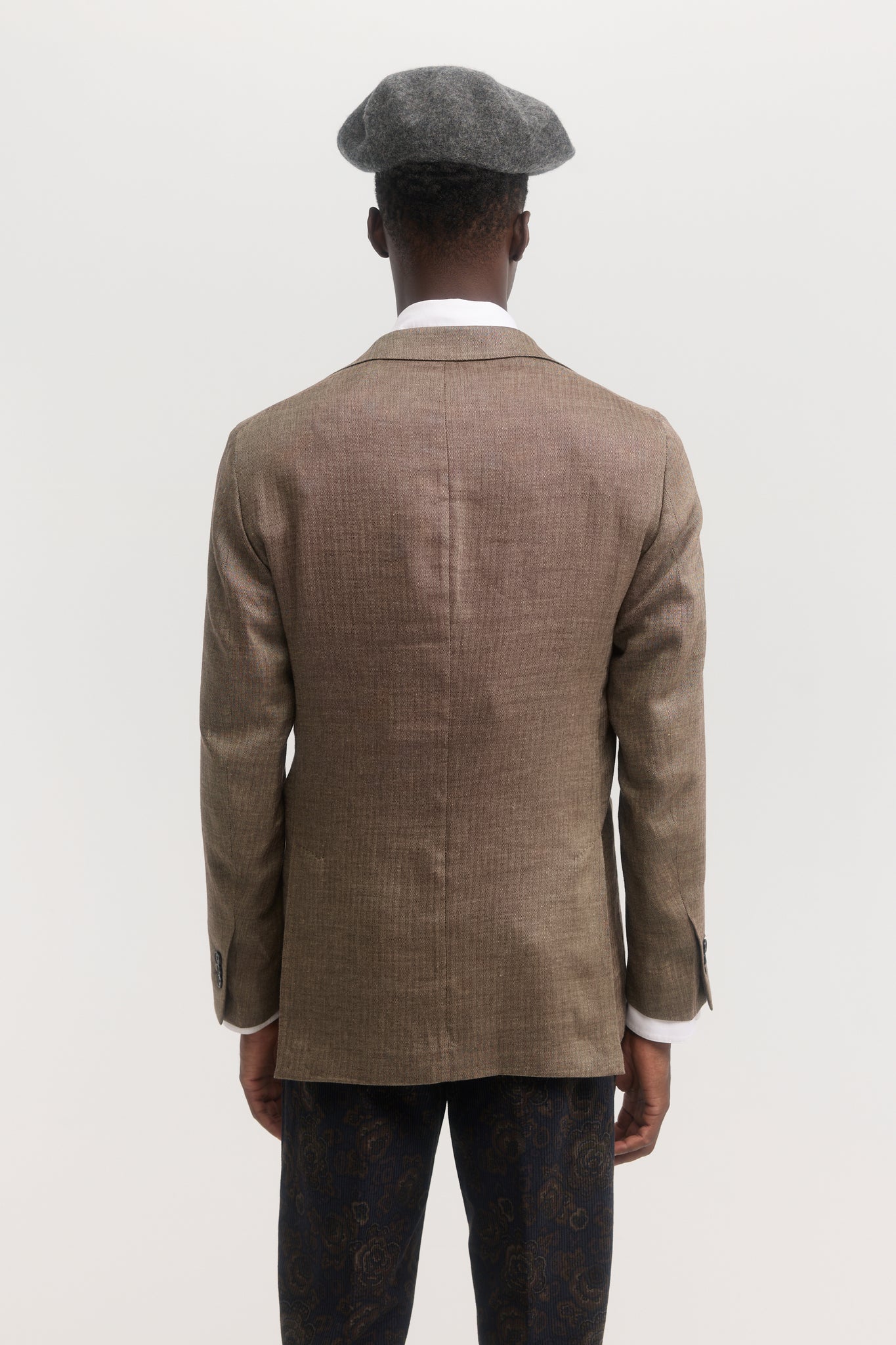 Brown herringbone wool linen unconstructed blazer