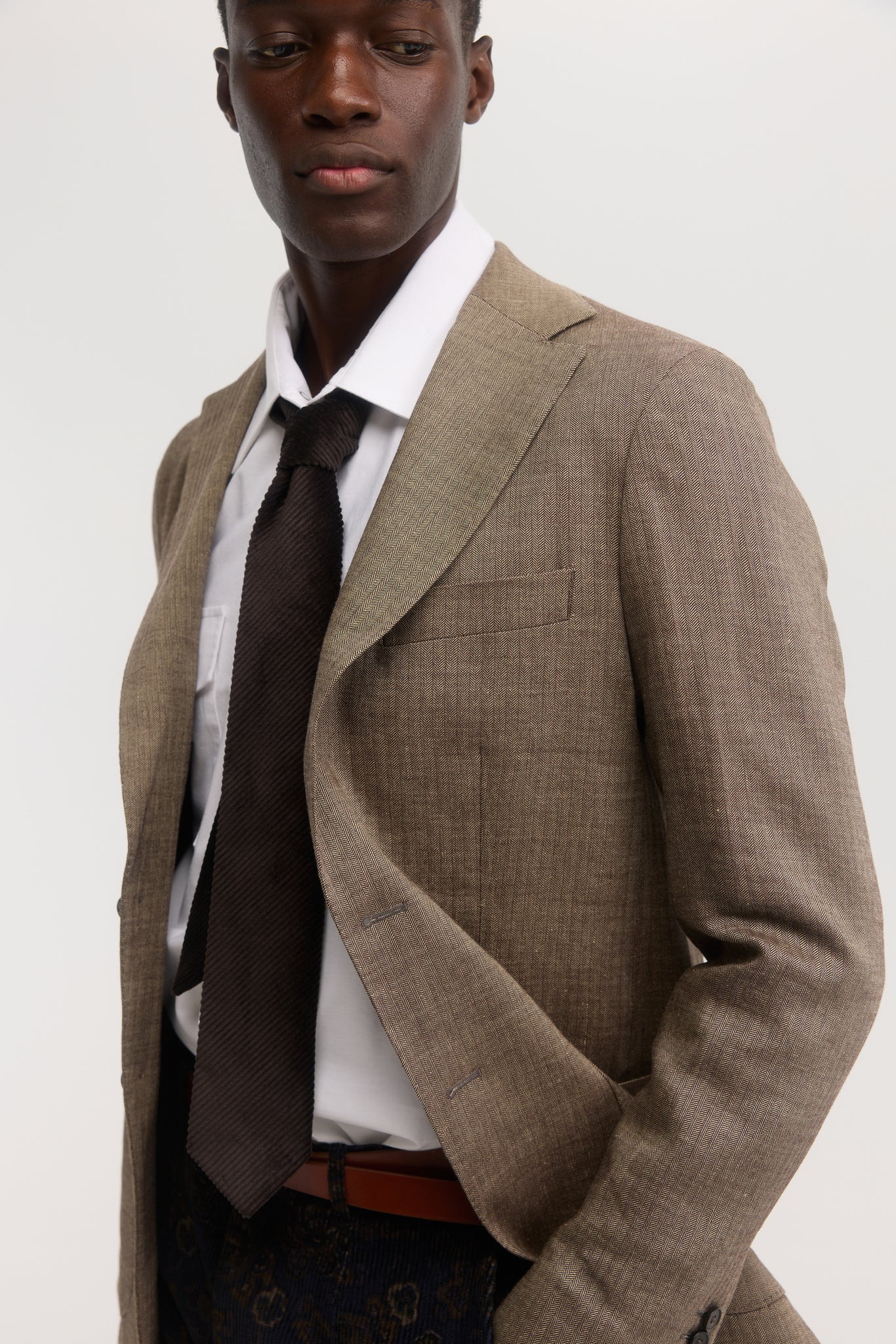 Brown herringbone wool linen unconstructed blazer