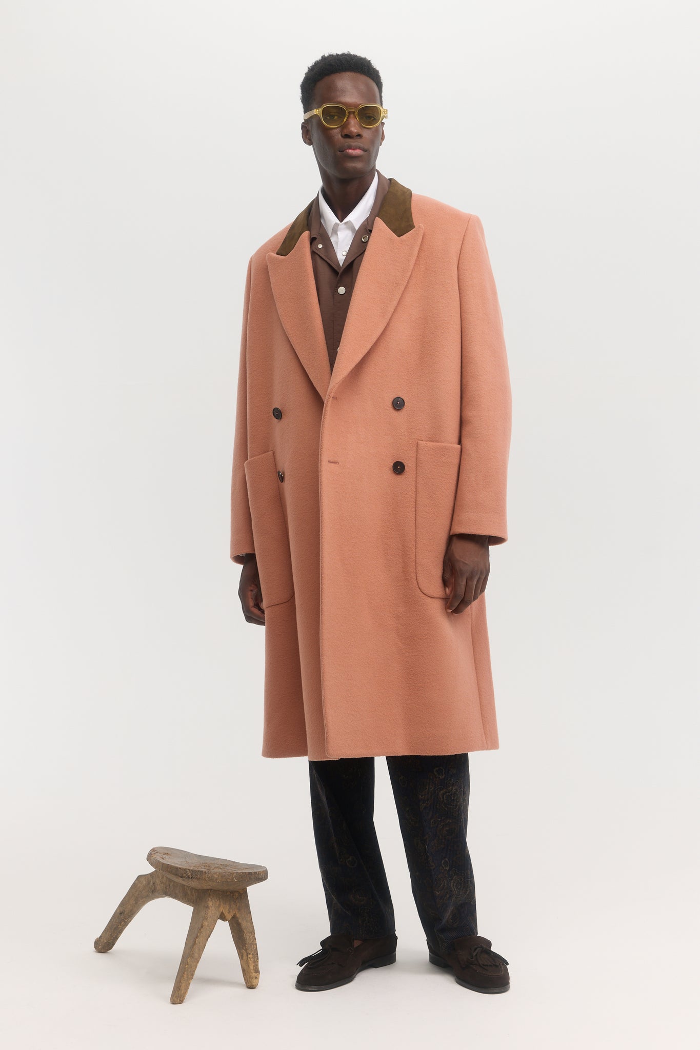 Manteau croisé en laine melton à col en daim vieux rose