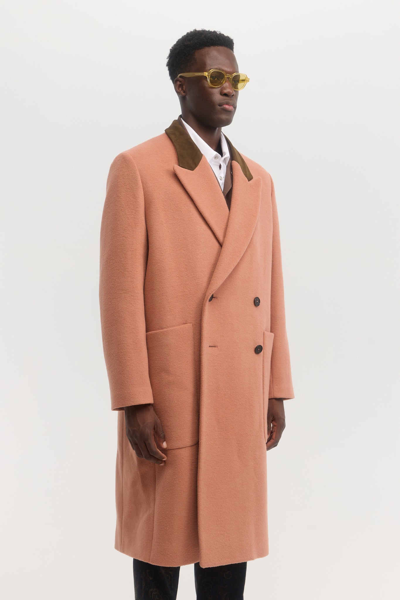 Manteau croisé en laine melton à col en daim vieux rose