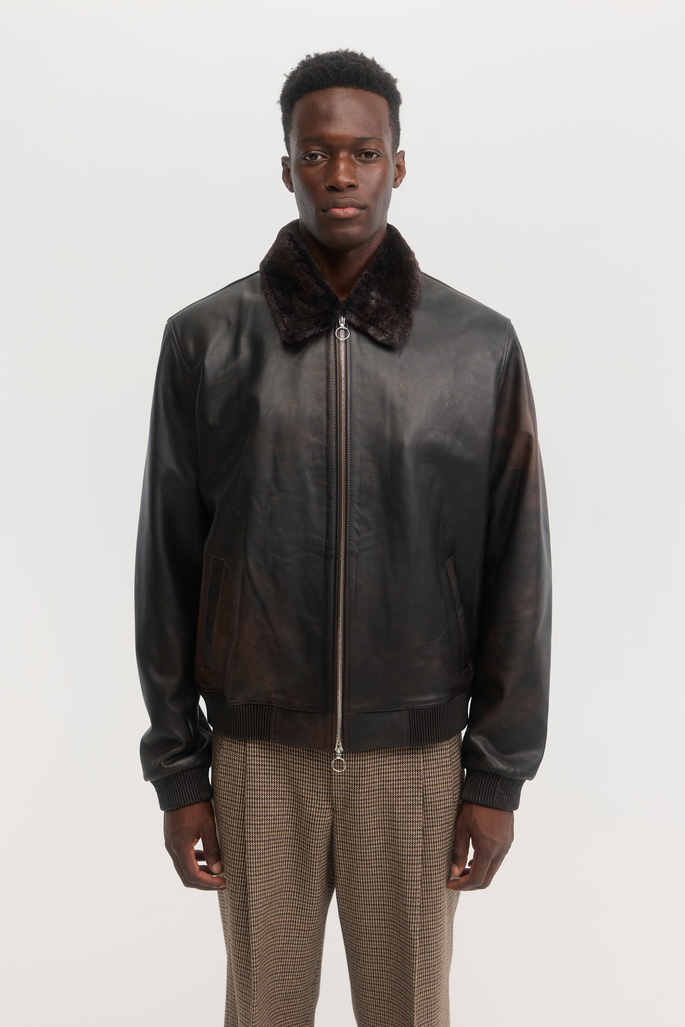 Dark brown soft distressed calfskin leather jacket
