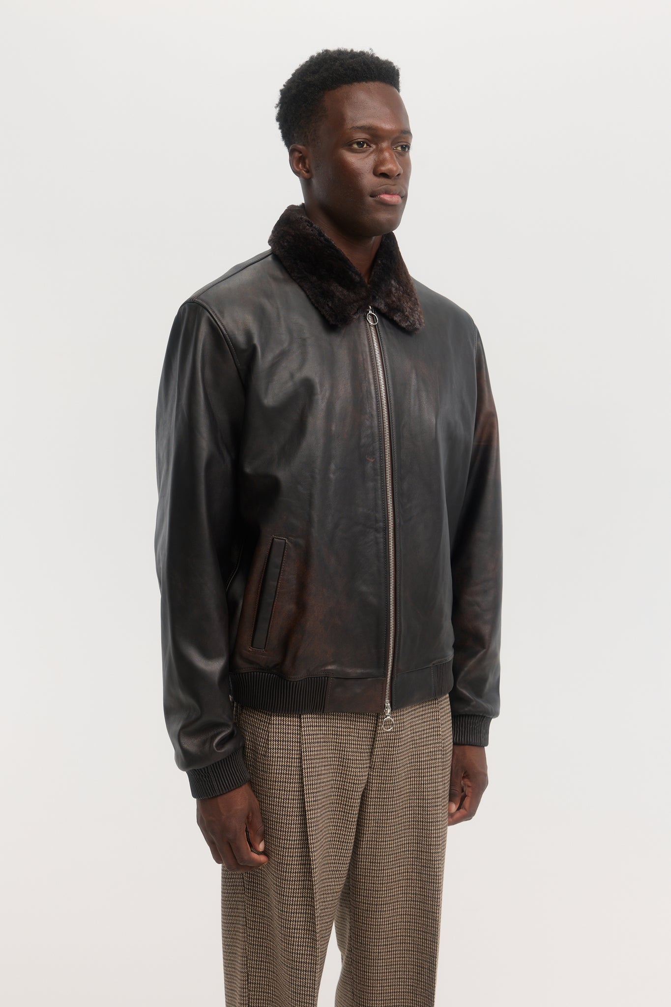Dark brown soft distressed calfskin leather jacket