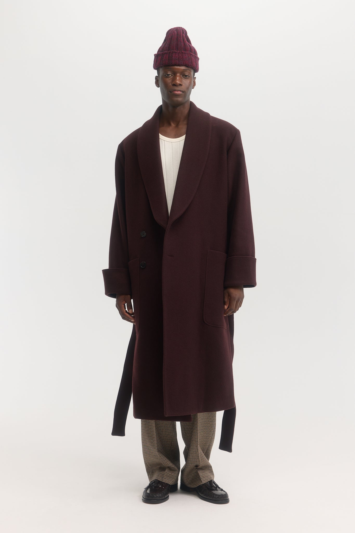 Manteau en laine melton marron bourgogne à col châle