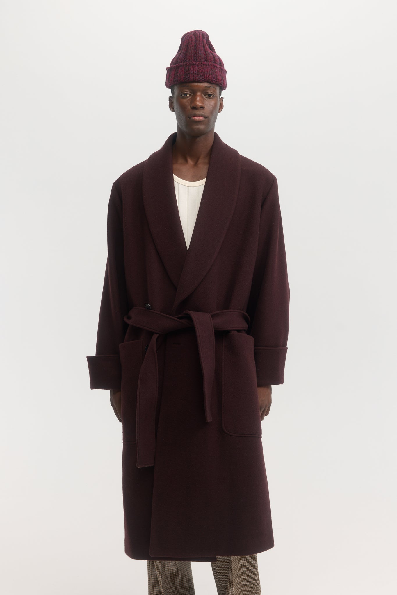 Manteau en laine melton marron bourgogne à col châle