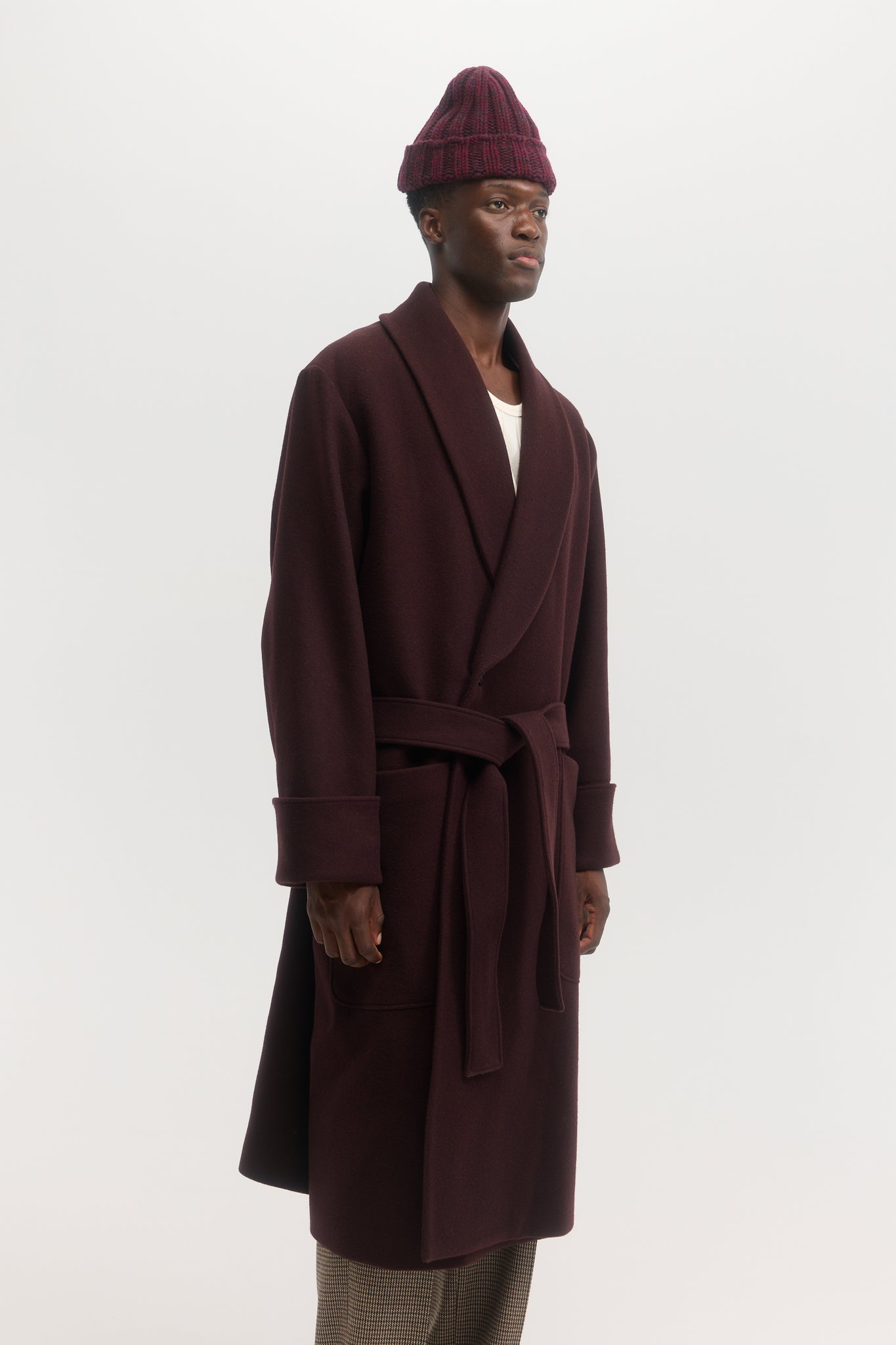 Manteau en laine melton marron bourgogne à col châle