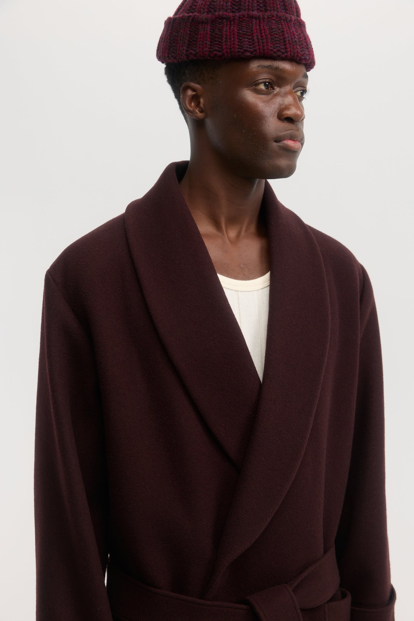 Manteau en laine melton marron bourgogne à col châle