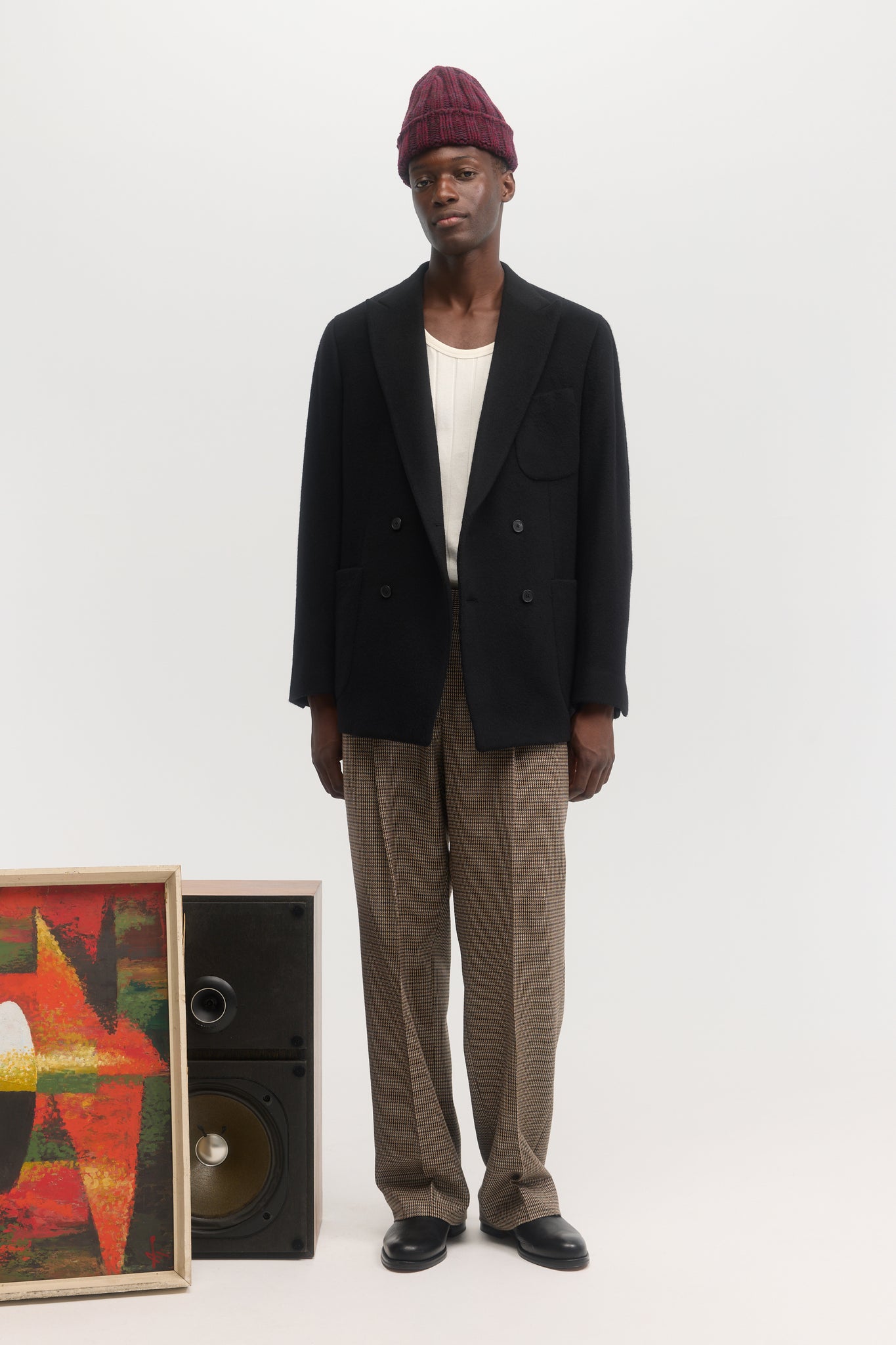 Deep black pure cashmere double breasted blazer