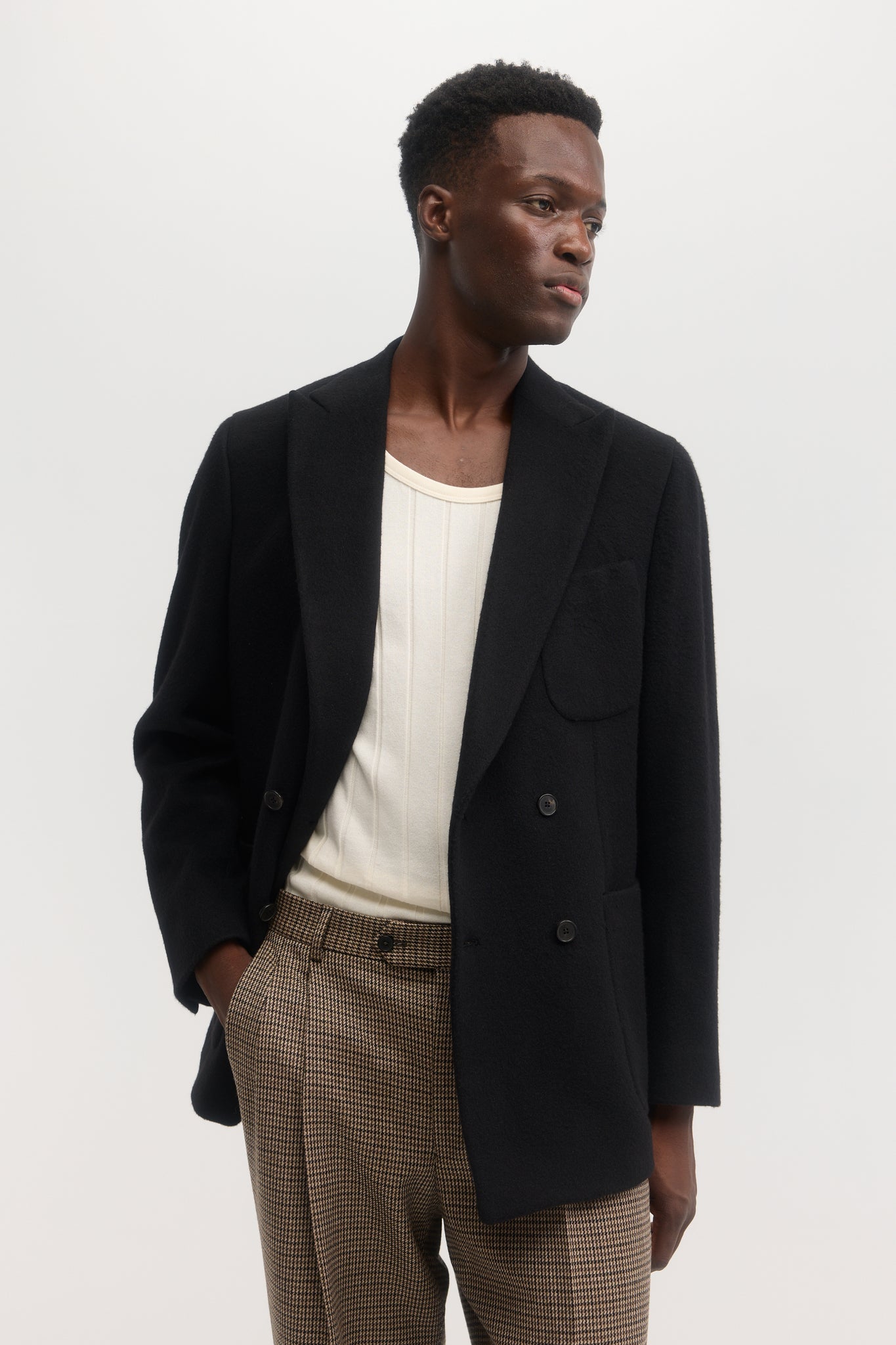 Deep black pure cashmere double breasted blazer