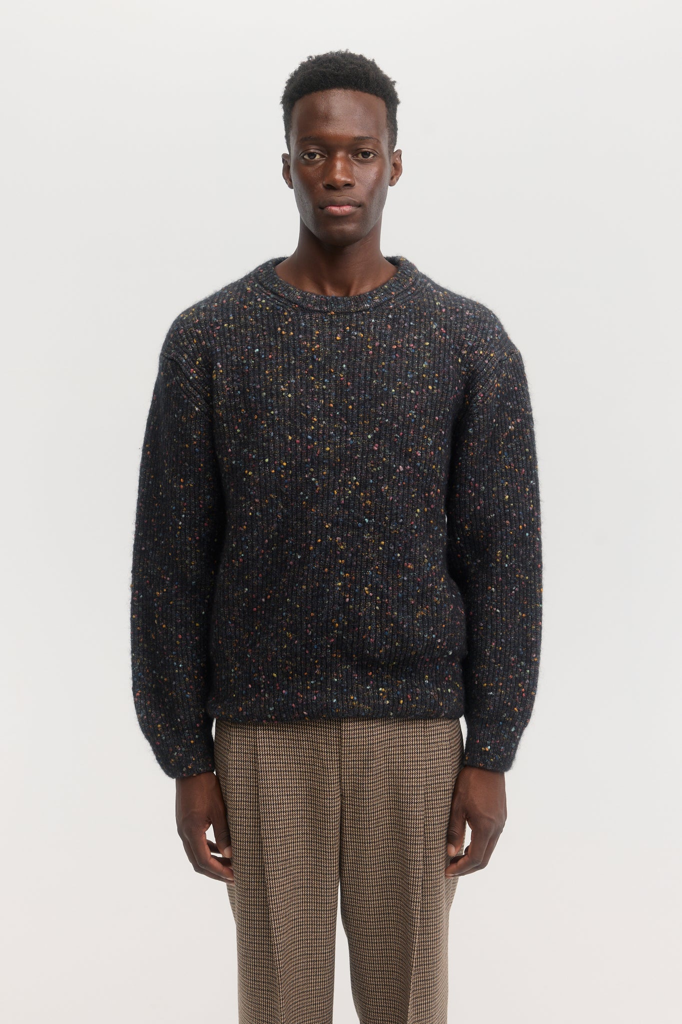 Pull en laine de coton alpaga à côtes en tweed multi donegal Encre