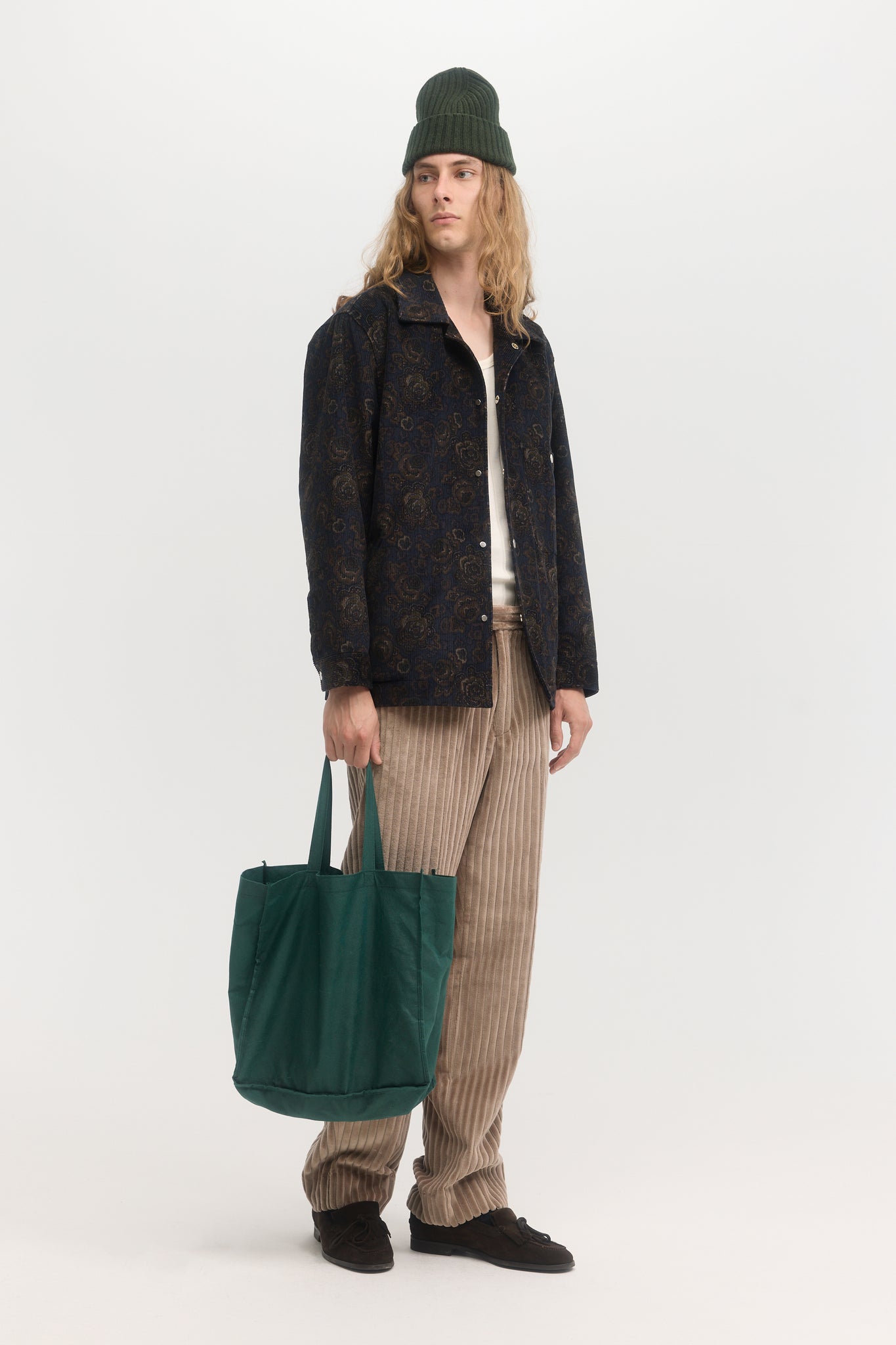 Navy and brown floral corduroy quilted blouson