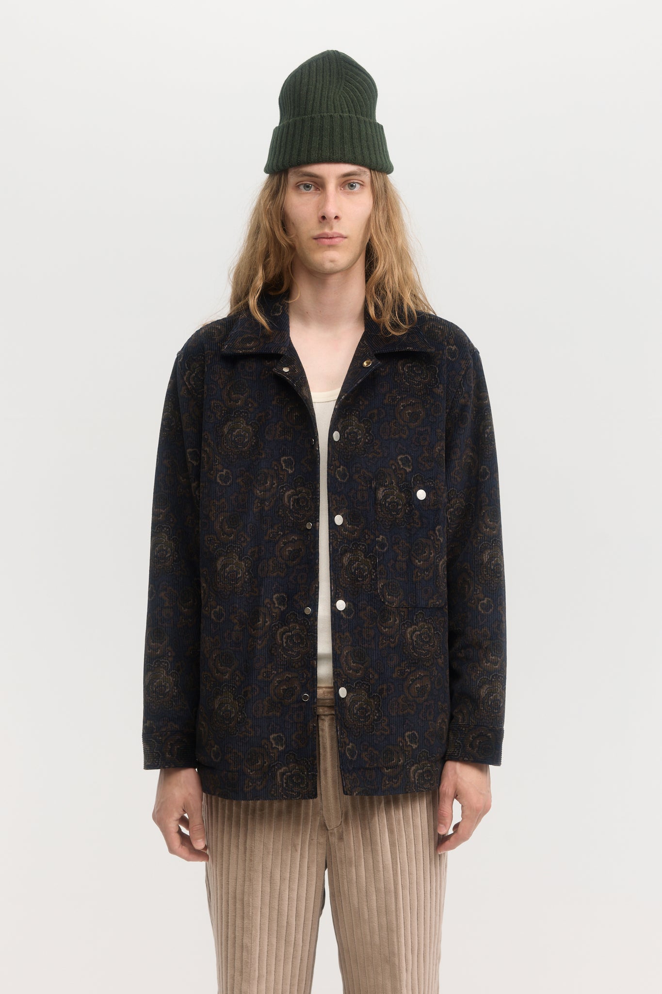 Navy and brown floral corduroy quilted blouson
