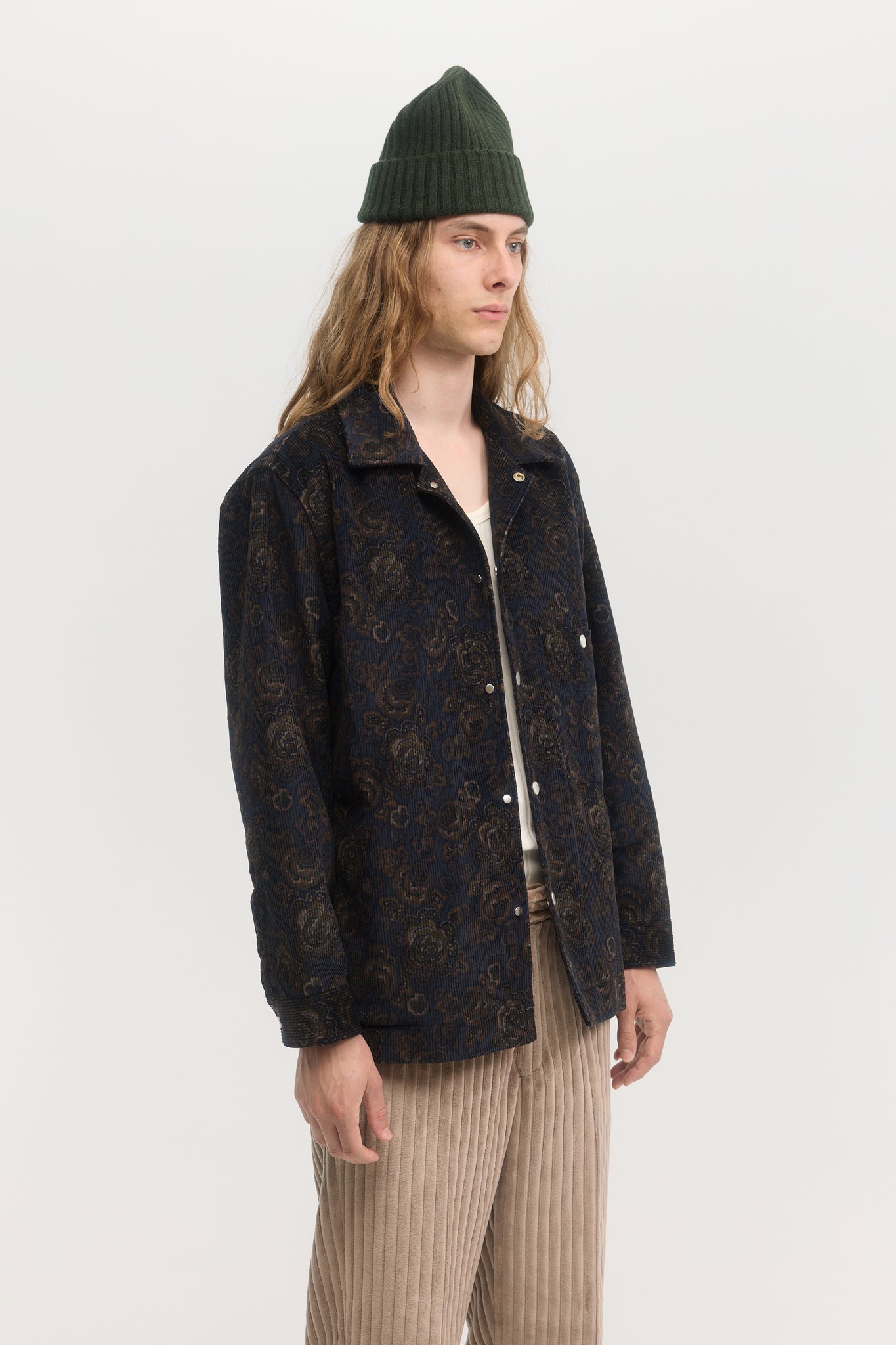 Navy and brown floral corduroy quilted blouson