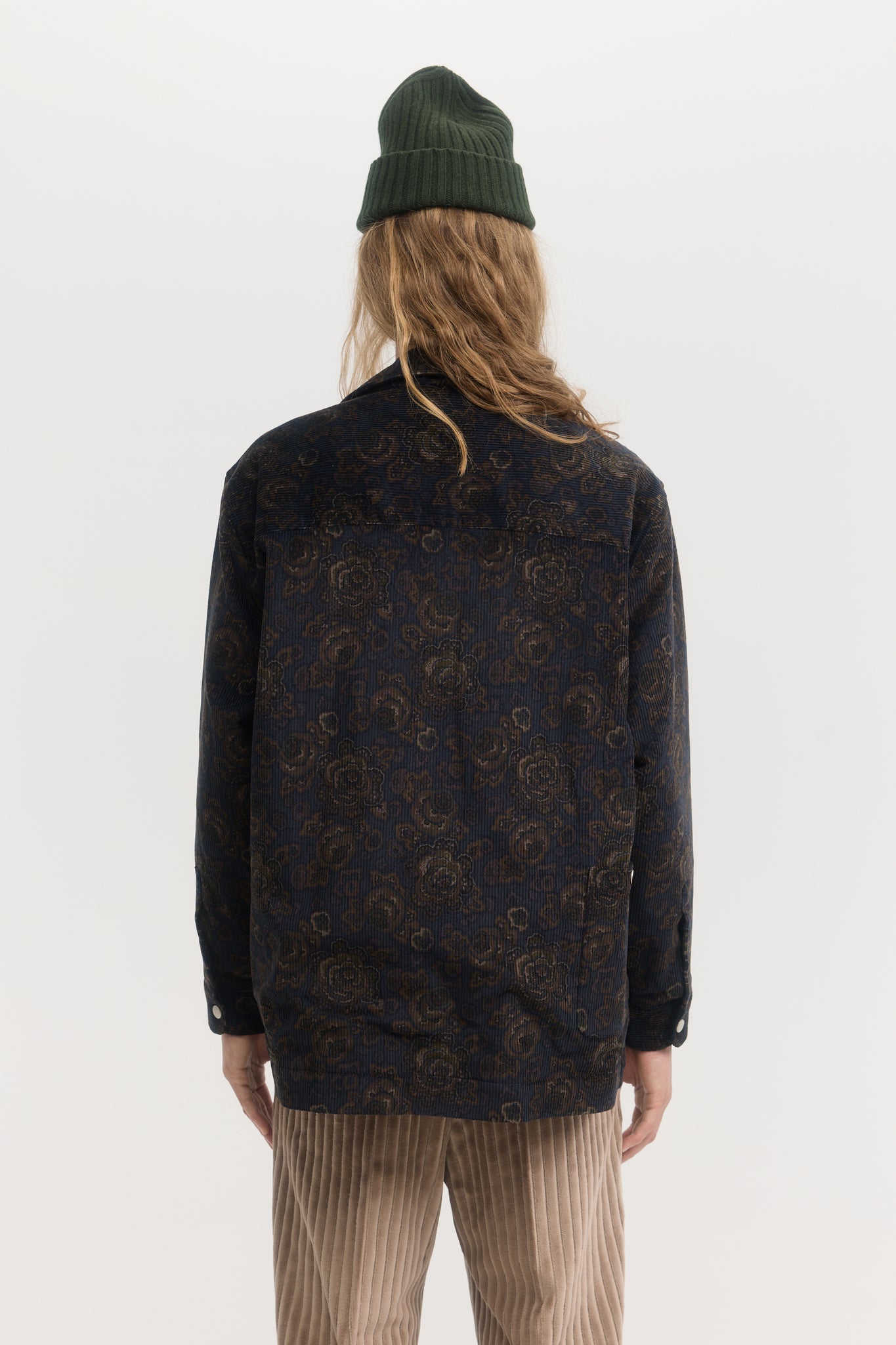 Navy and brown floral corduroy quilted blouson