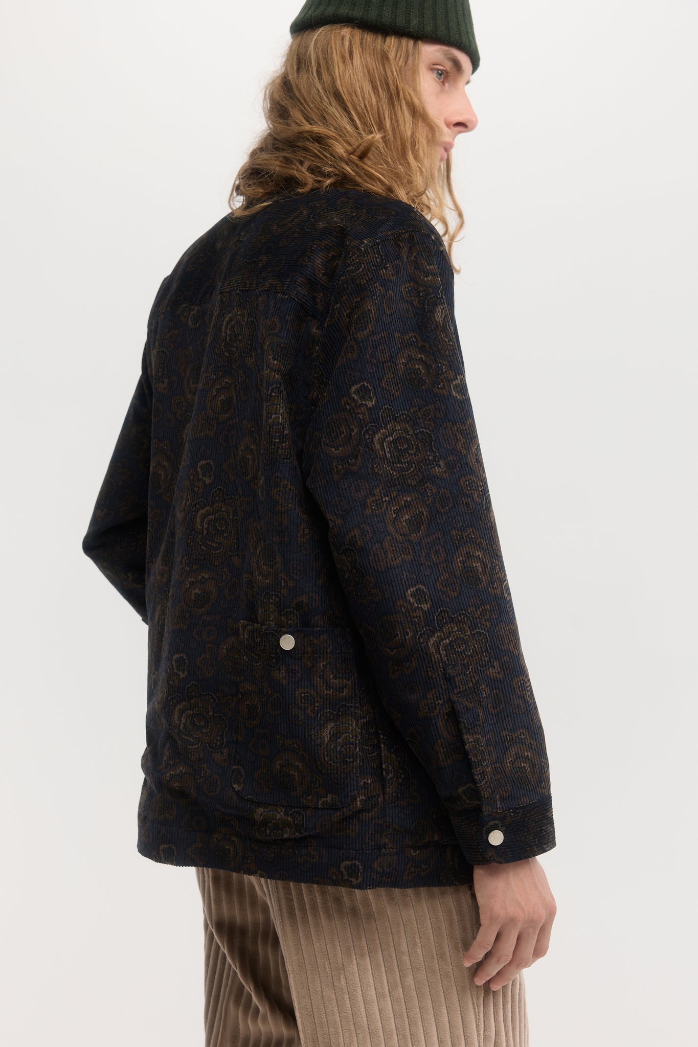 Navy and brown floral corduroy quilted blouson