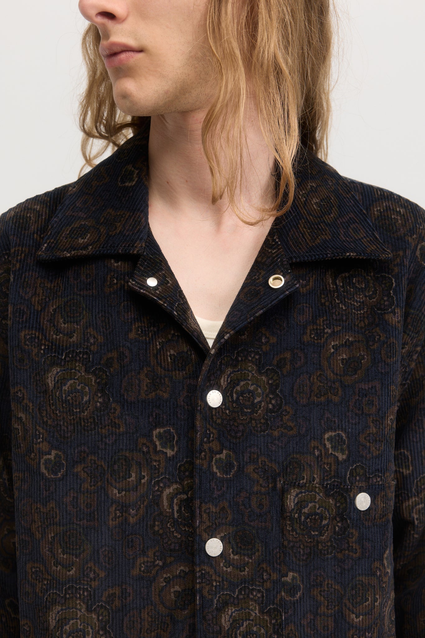 Navy and brown floral corduroy quilted blouson