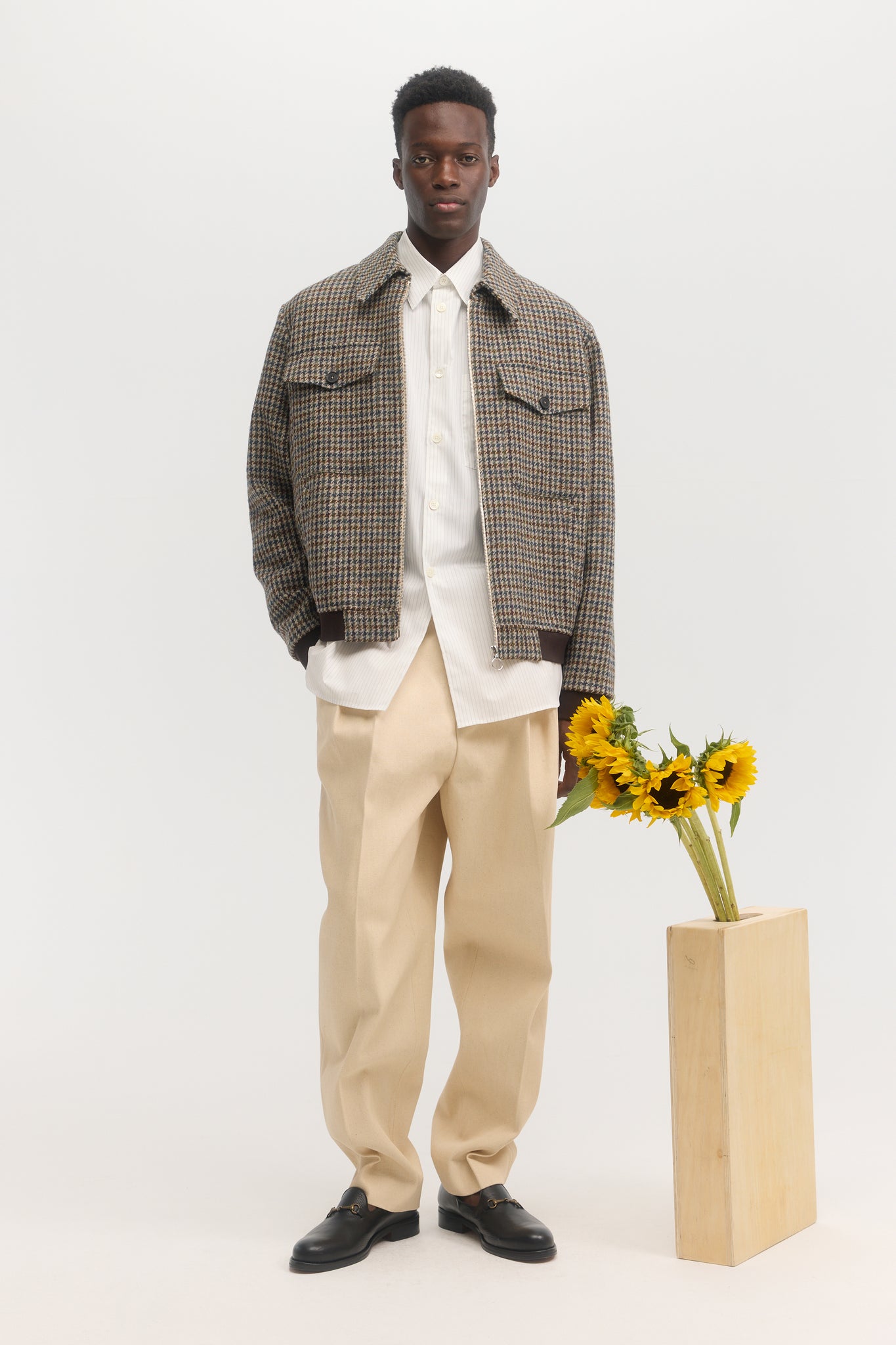 Houndstooth harris tweed wool zip bomber