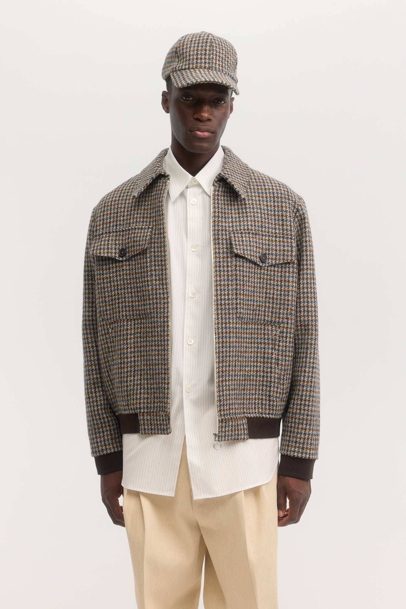 Houndstooth harris tweed wool zip bomber