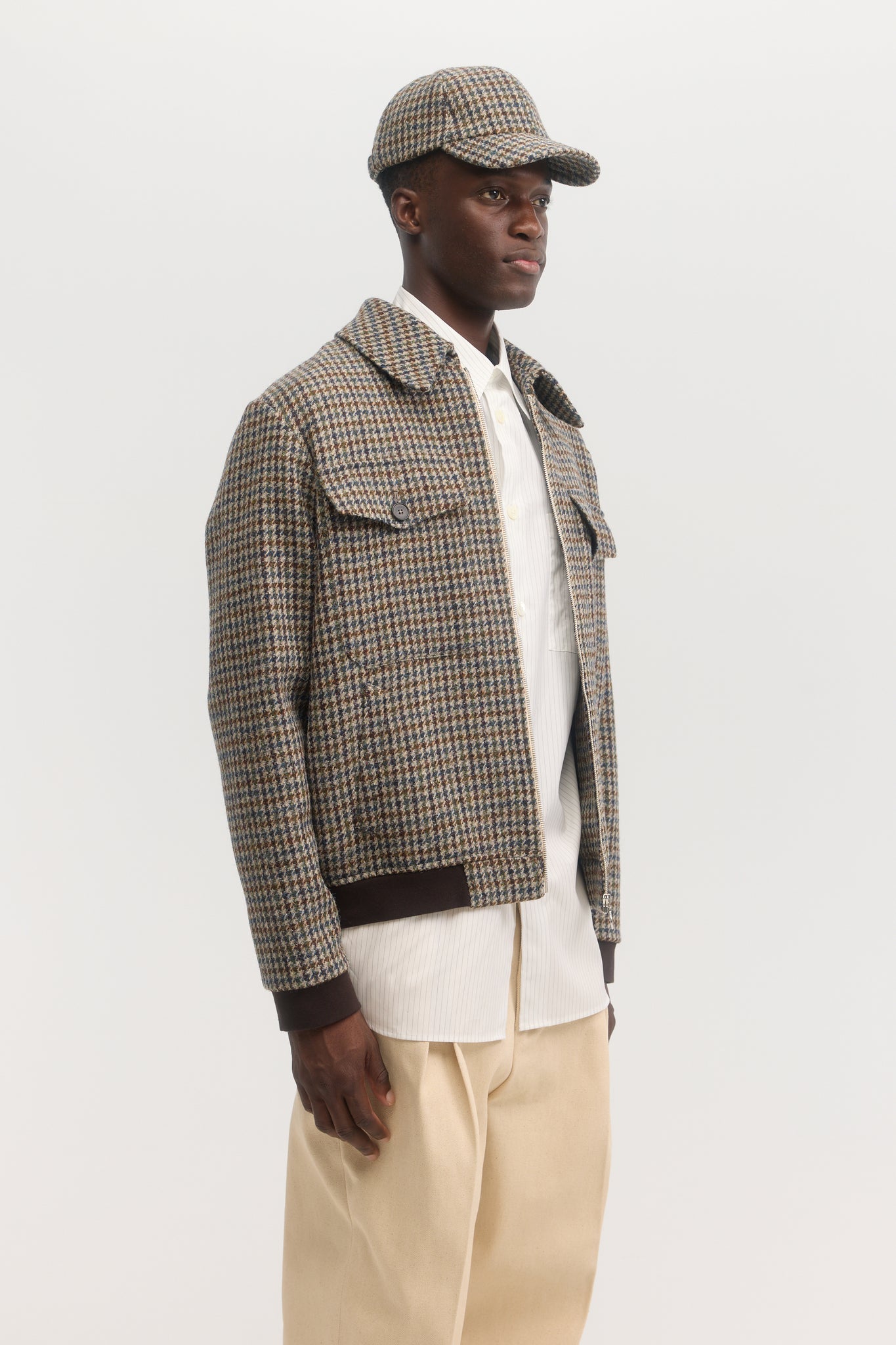 Houndstooth harris tweed wool zip bomber