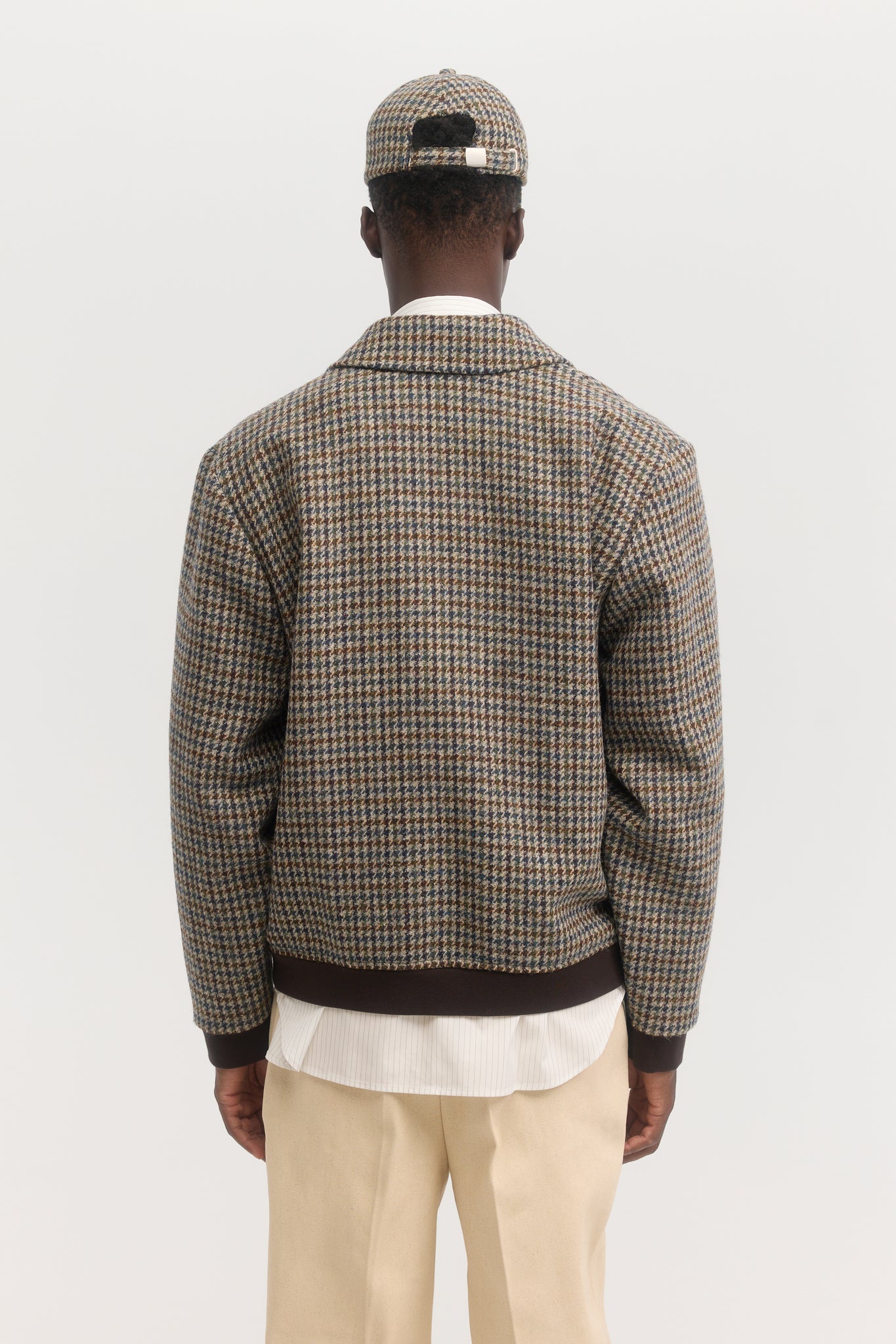 Houndstooth harris tweed wool zip bomber