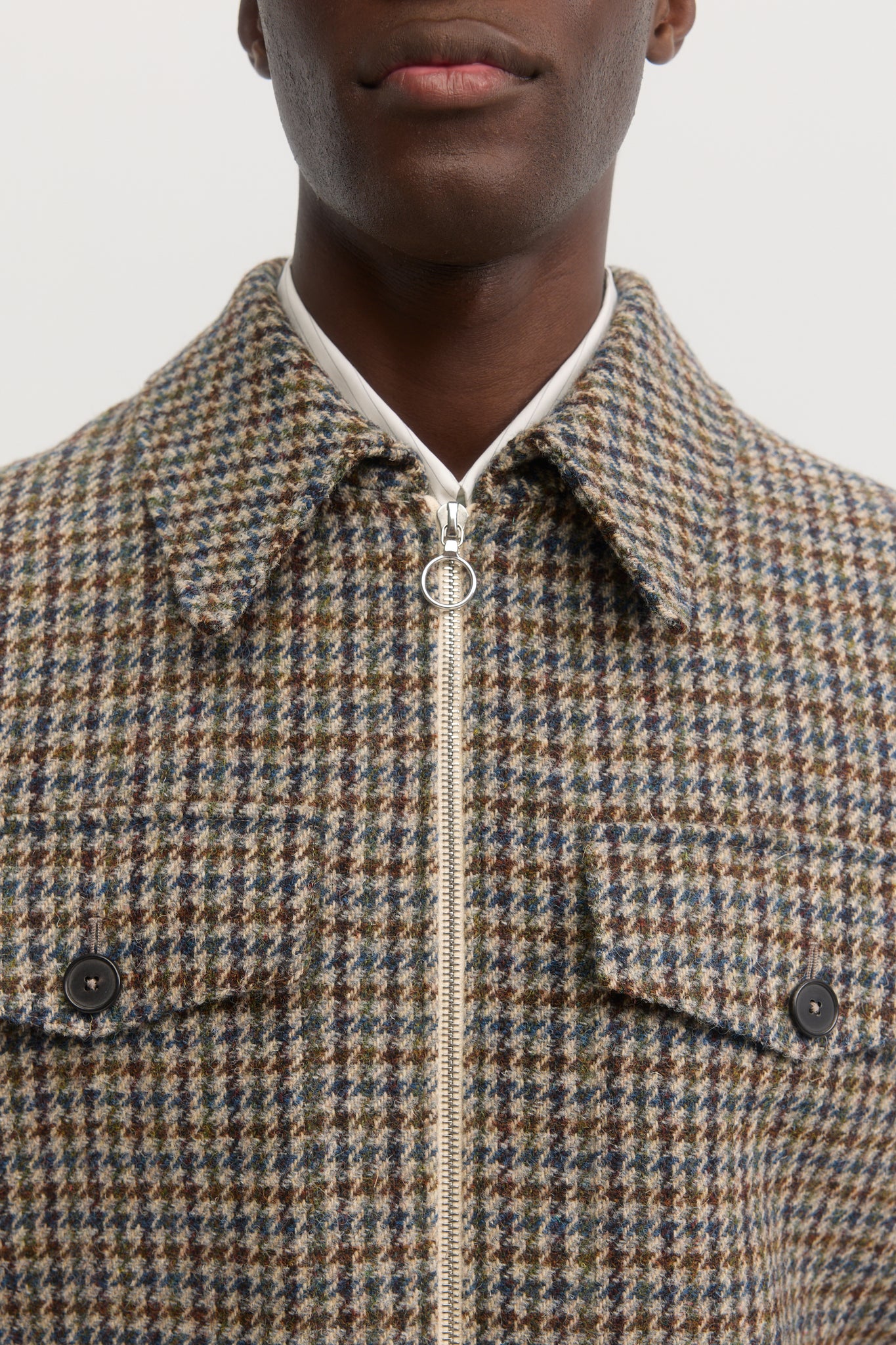Houndstooth harris tweed wool zip bomber