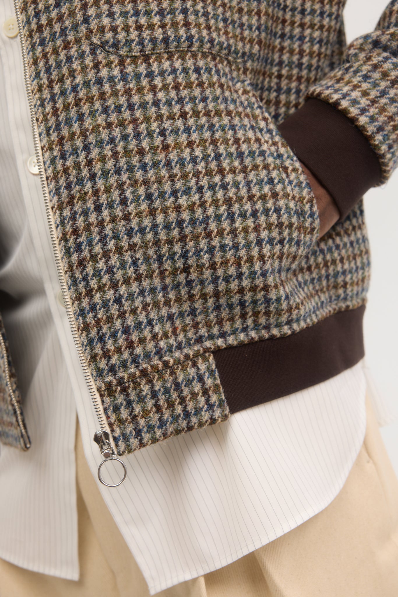Houndstooth harris tweed wool zip bomber