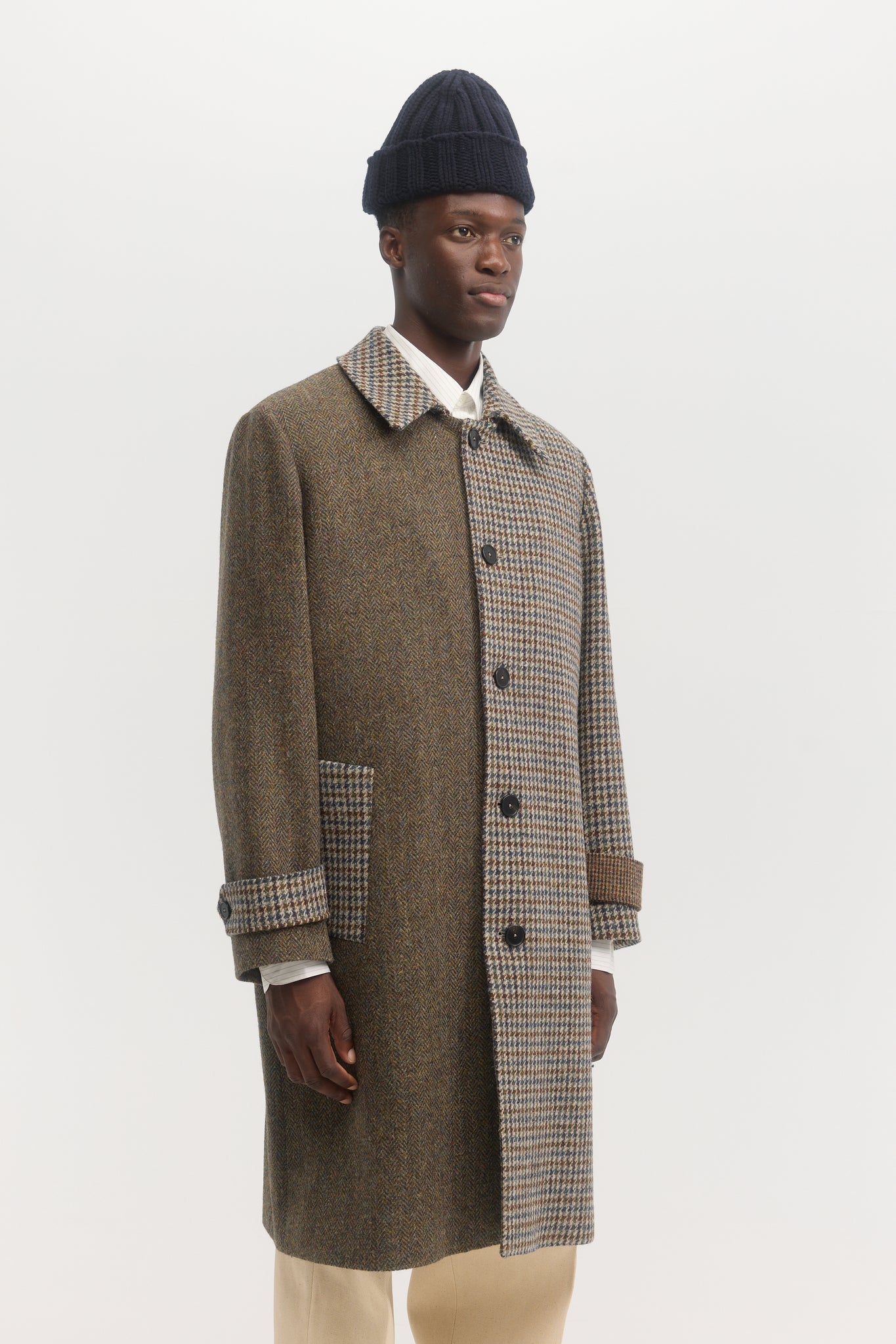 Multi Fabric virgin wool harris tweed overcoat