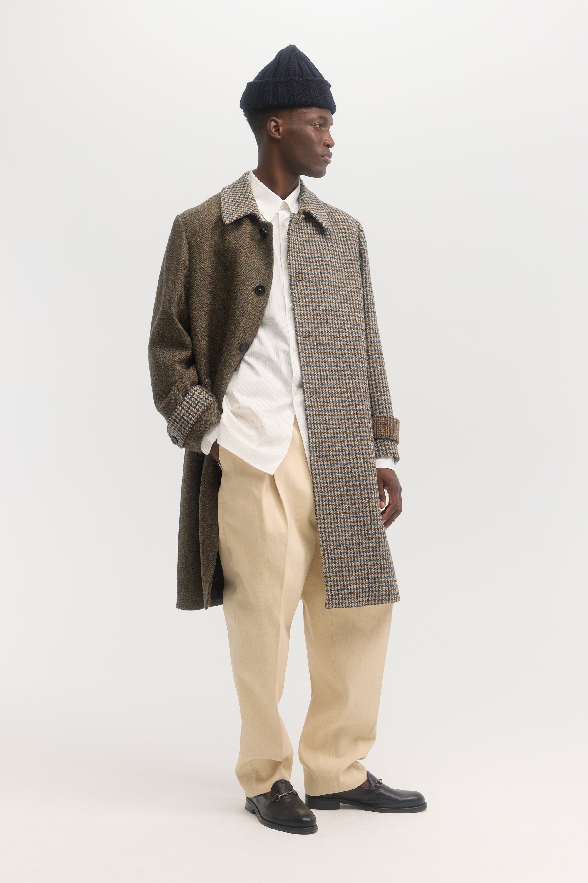 Multi Fabric virgin wool harris tweed overcoat – École de Pensée