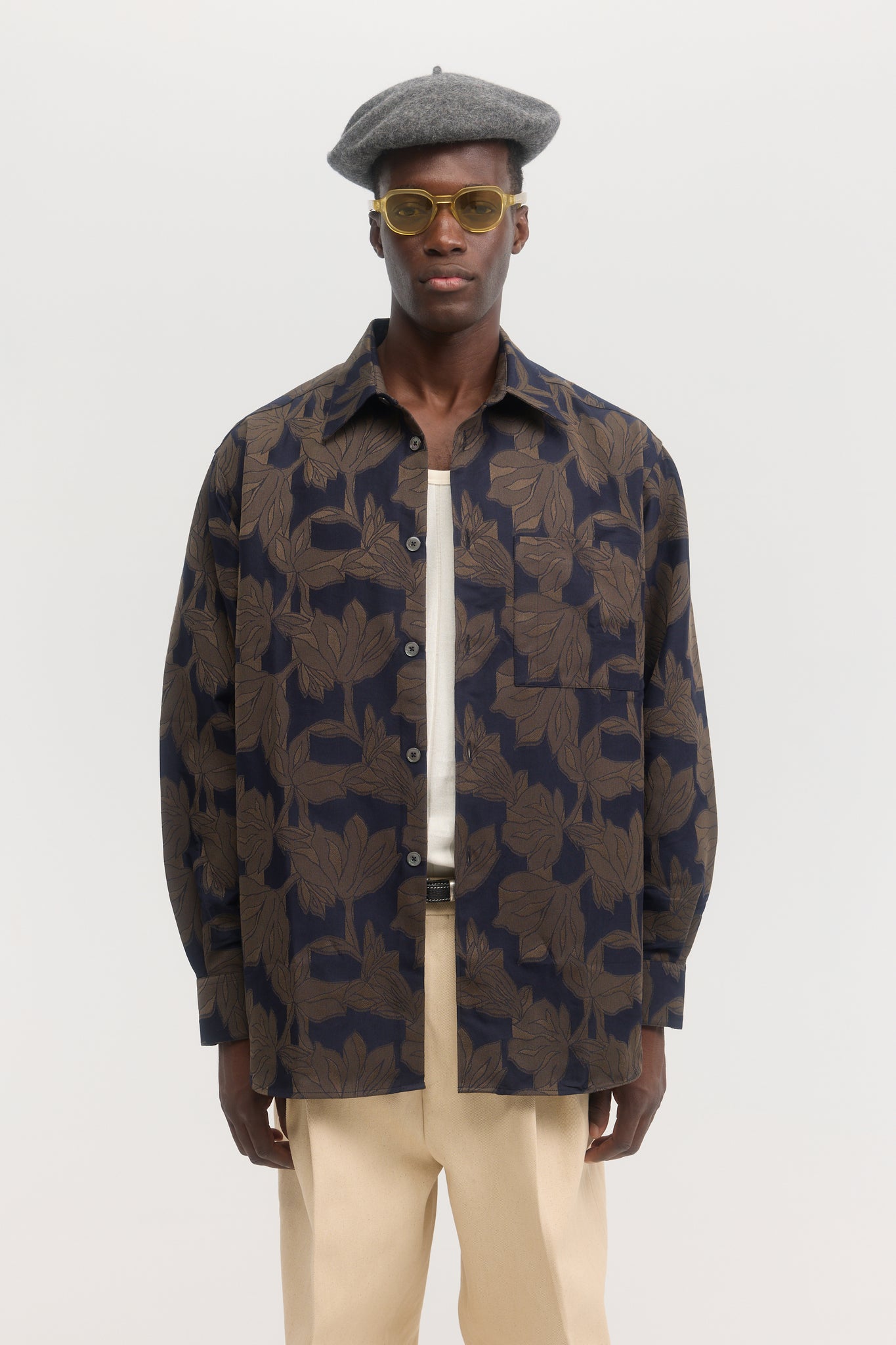 Chemise overshirt en jacquard botanique marine et marron