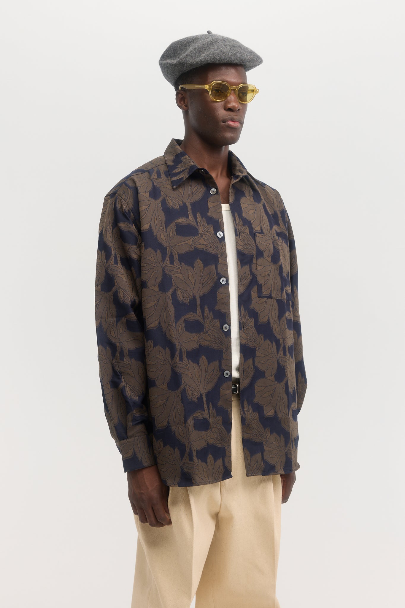 Chemise overshirt en jacquard botanique marine et marron
