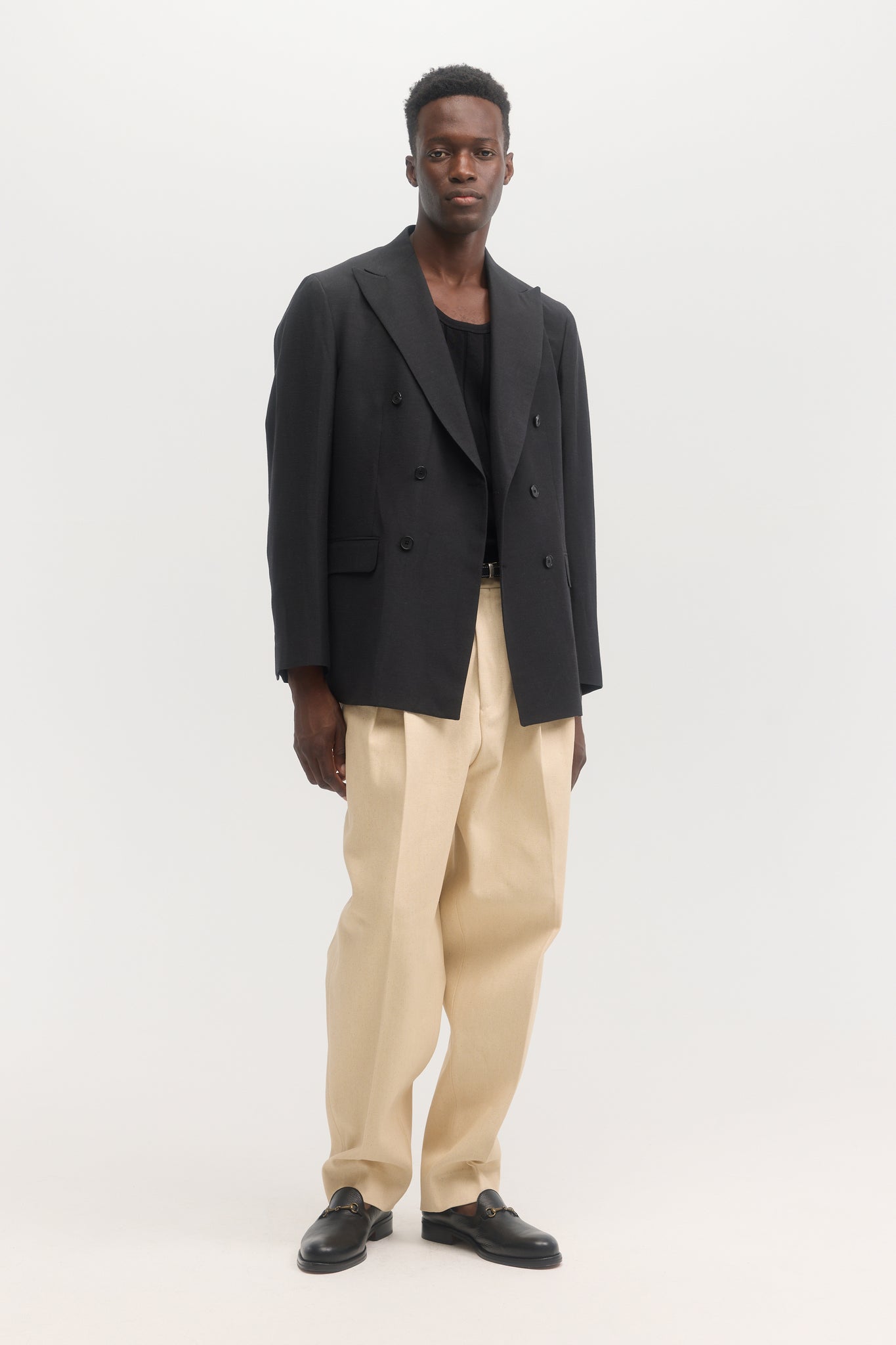 Black wool cotton linen double breasted blazer