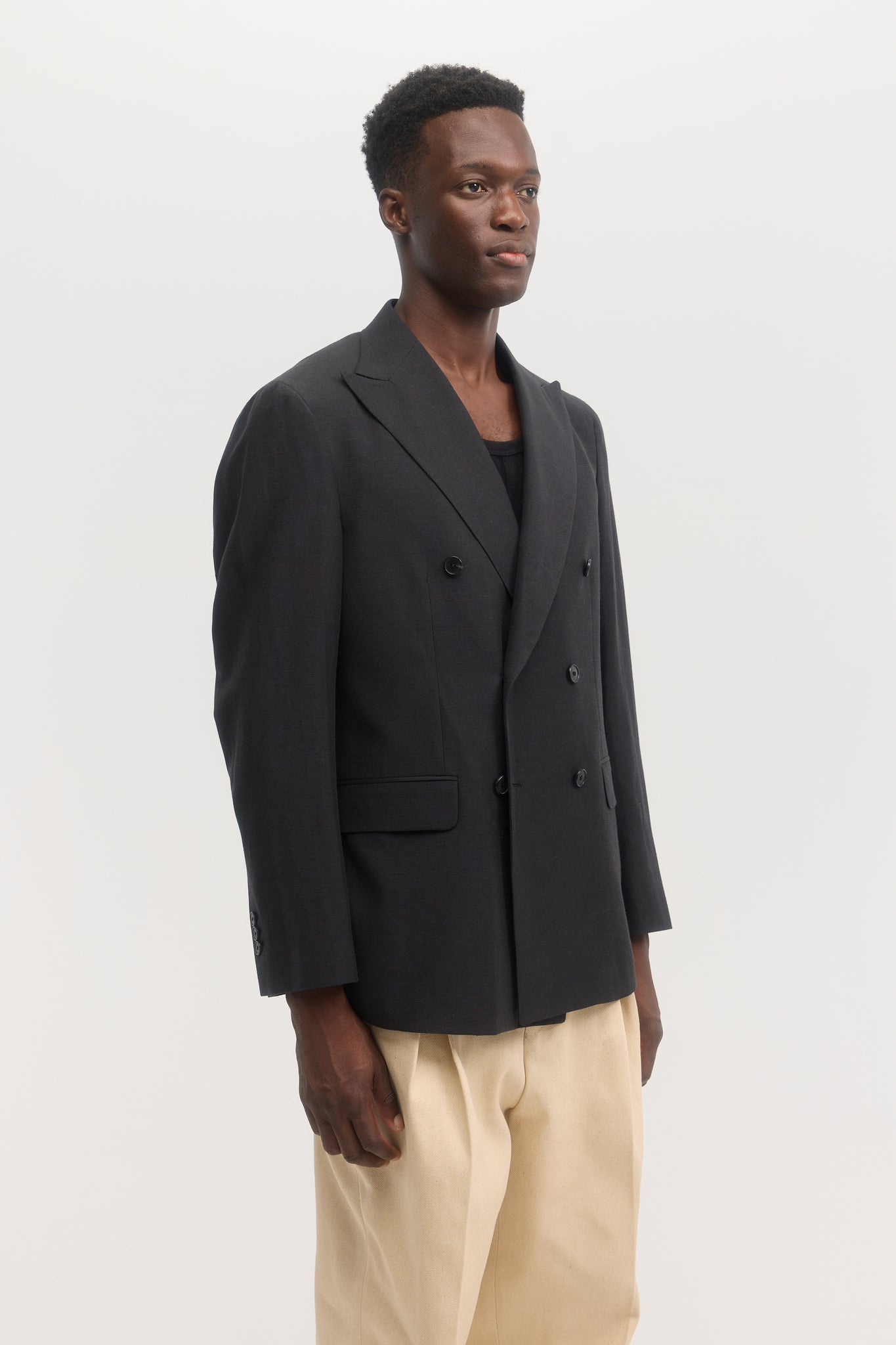 Black wool cotton linen double breasted blazer