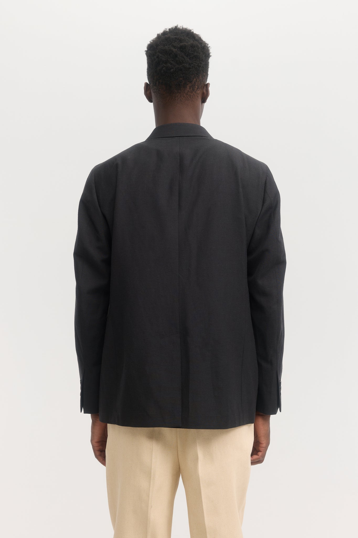 Black wool cotton linen double breasted blazer