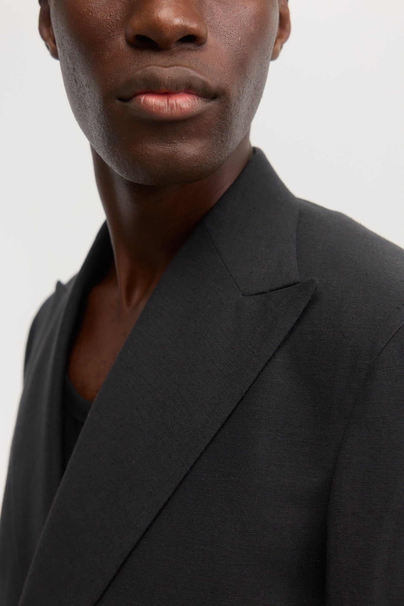 Black wool cotton linen double breasted blazer