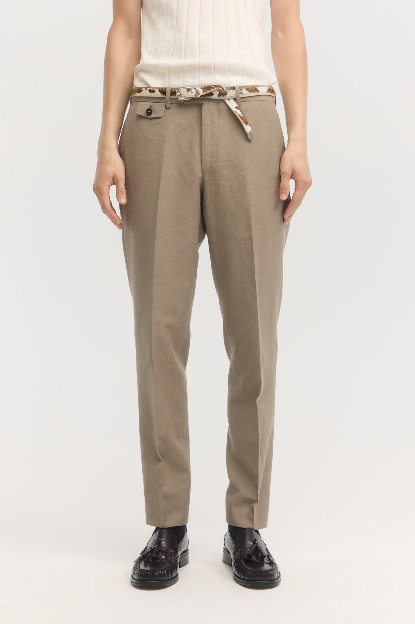 Pantalons fuselé en laine coton et lin taupe