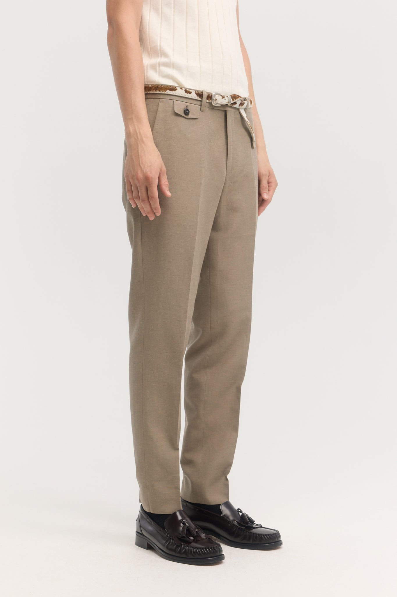 Pantalons fuselé en laine coton et lin taupe
