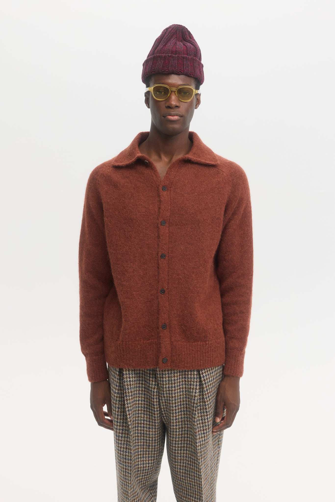 Pull polo en mohair alpaga shaggy rouille