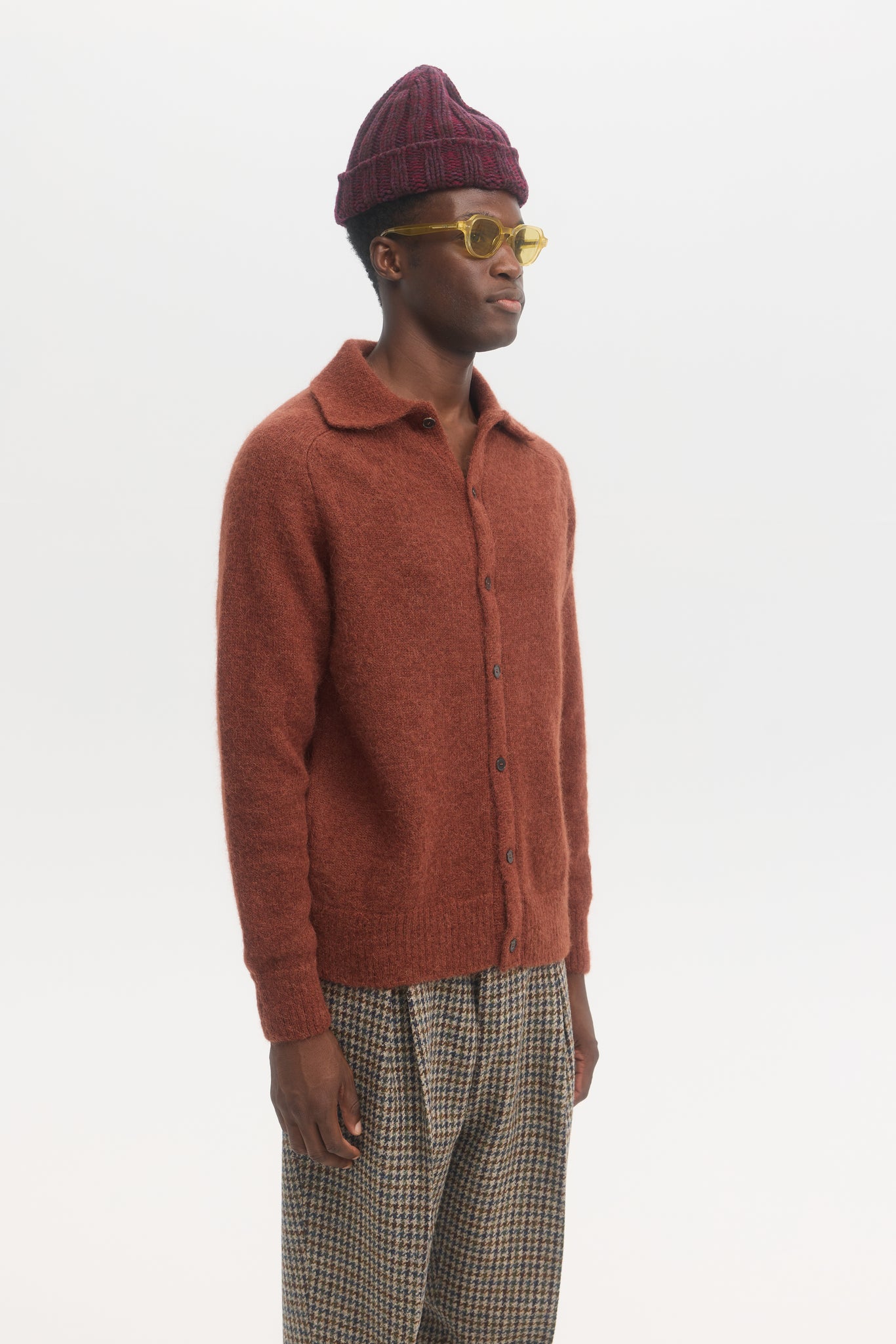 Pull polo en mohair alpaga shaggy rouille