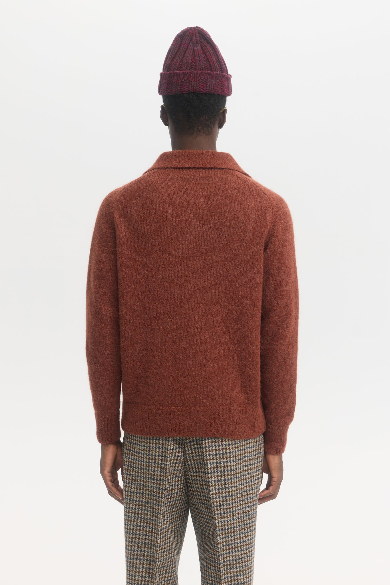 Pull polo en mohair alpaga shaggy rouille