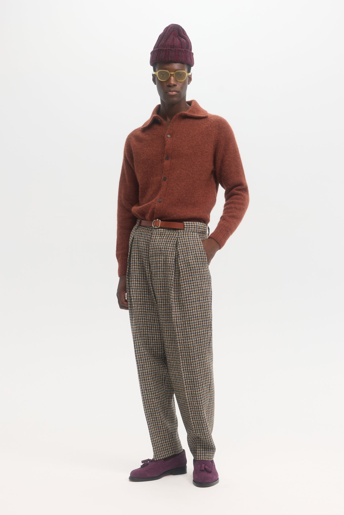 Pantalon parachute en laine vierge harris tweed à motif pied-de-poule