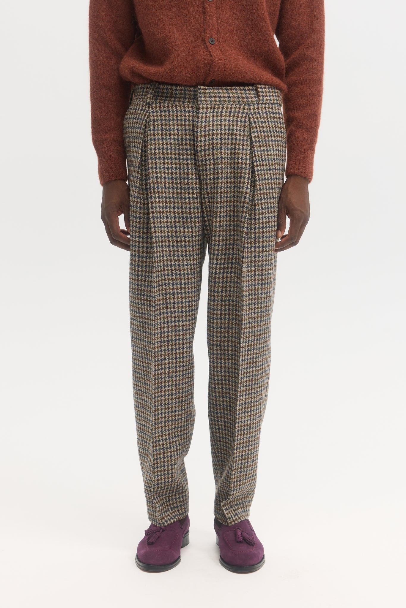 Pantalon parachute en laine vierge harris tweed à motif pied-de-poule