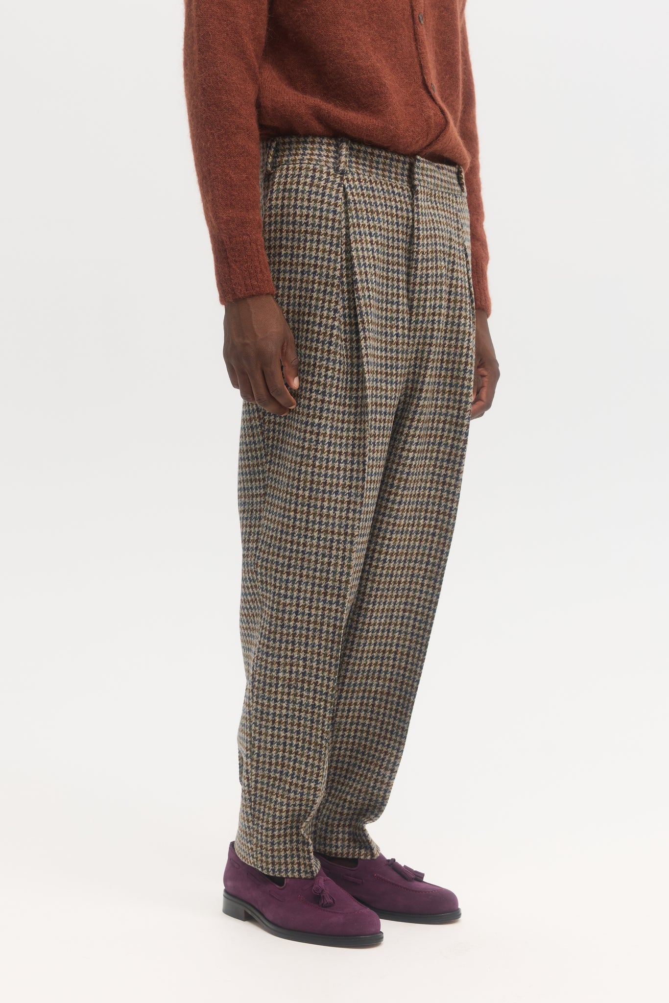 Pantalon parachute en laine vierge harris tweed à motif pied-de-poule