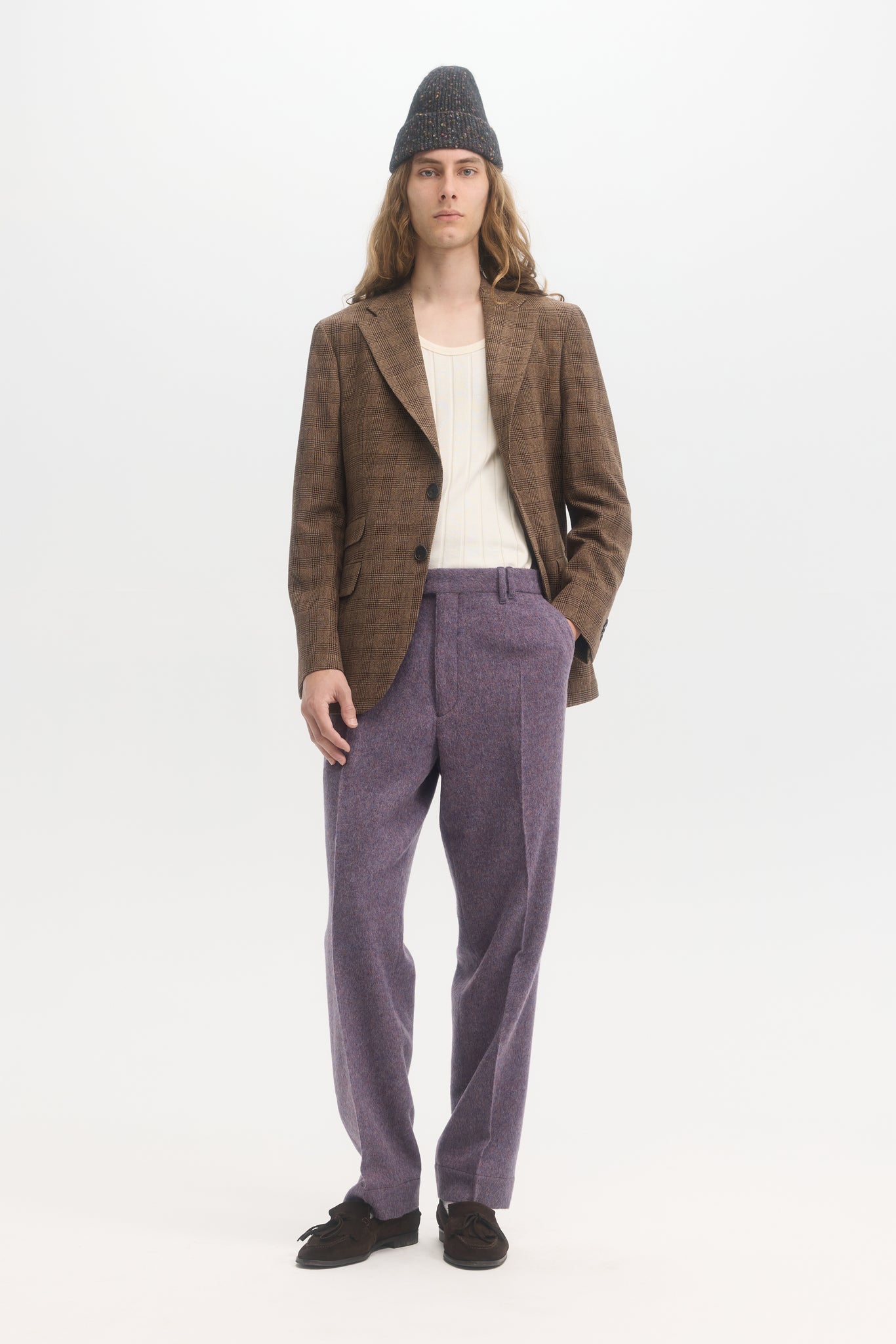 Brown brushed prince of wales wool unconstructed blazer