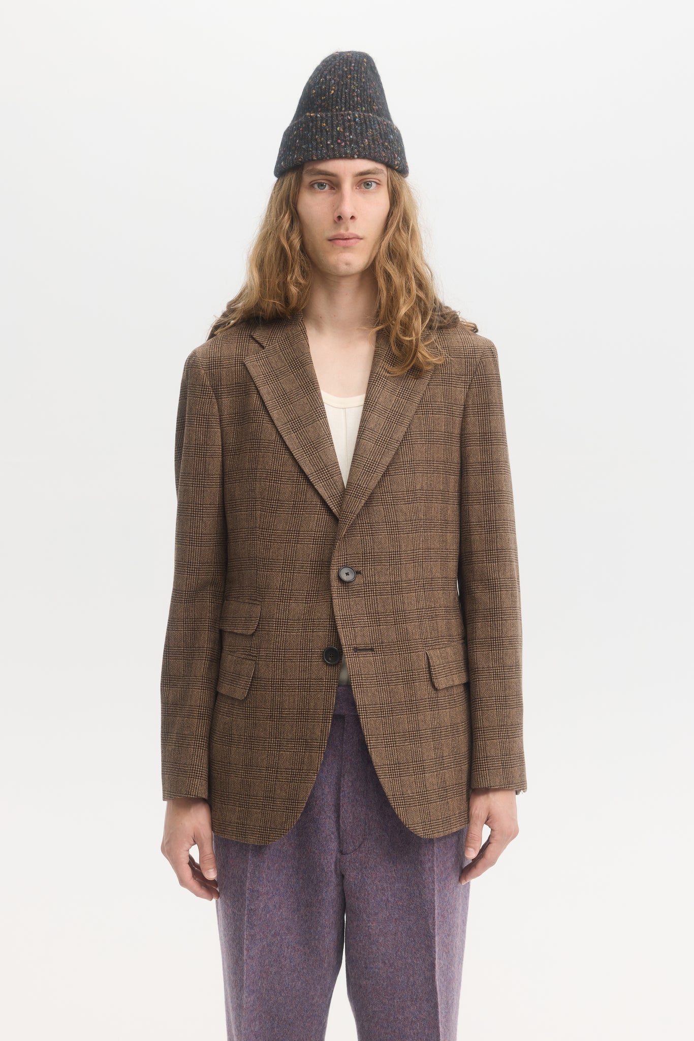 Brown brushed prince of wales wool unconstructed blazer