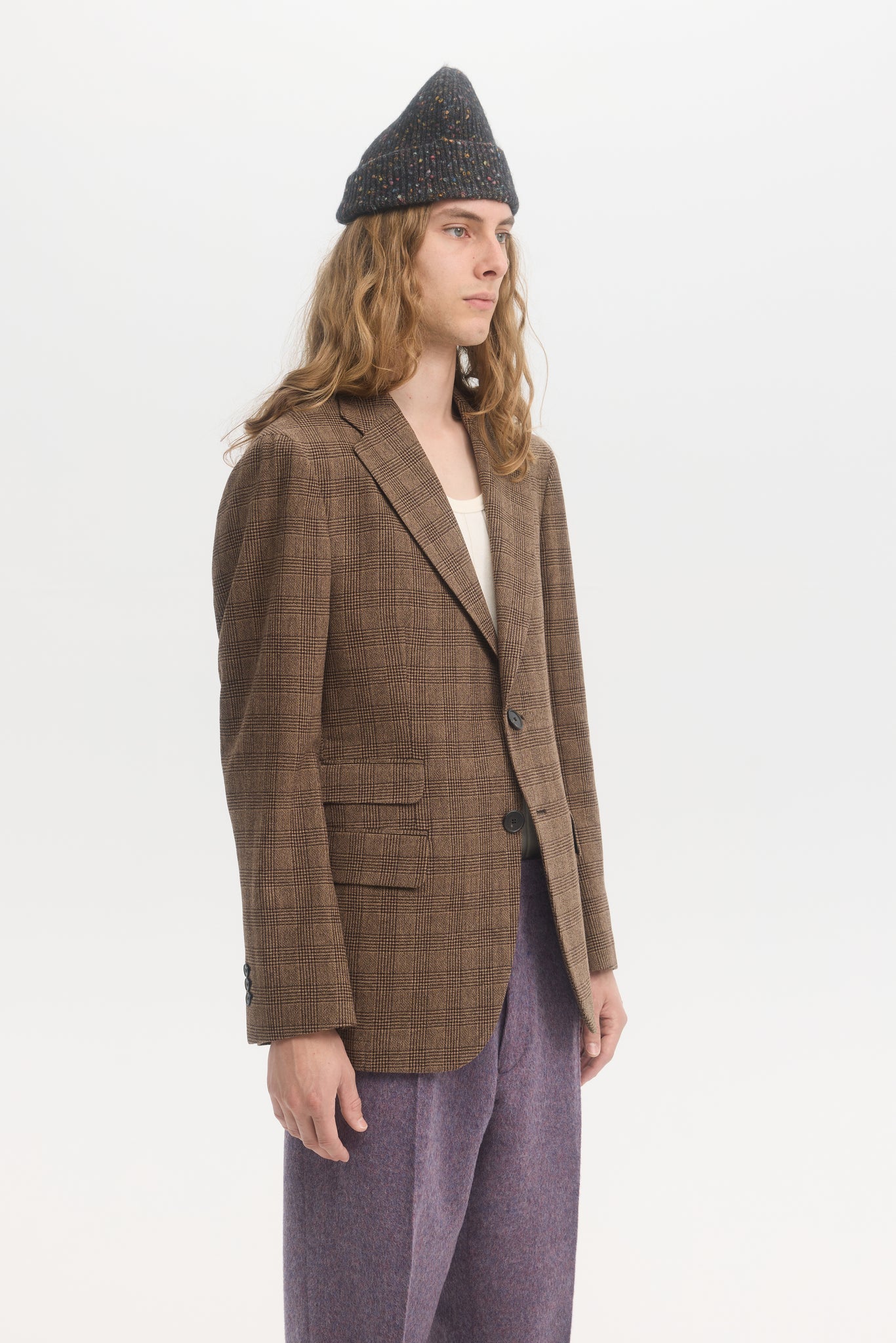 Brown brushed prince of wales wool unconstructed blazer