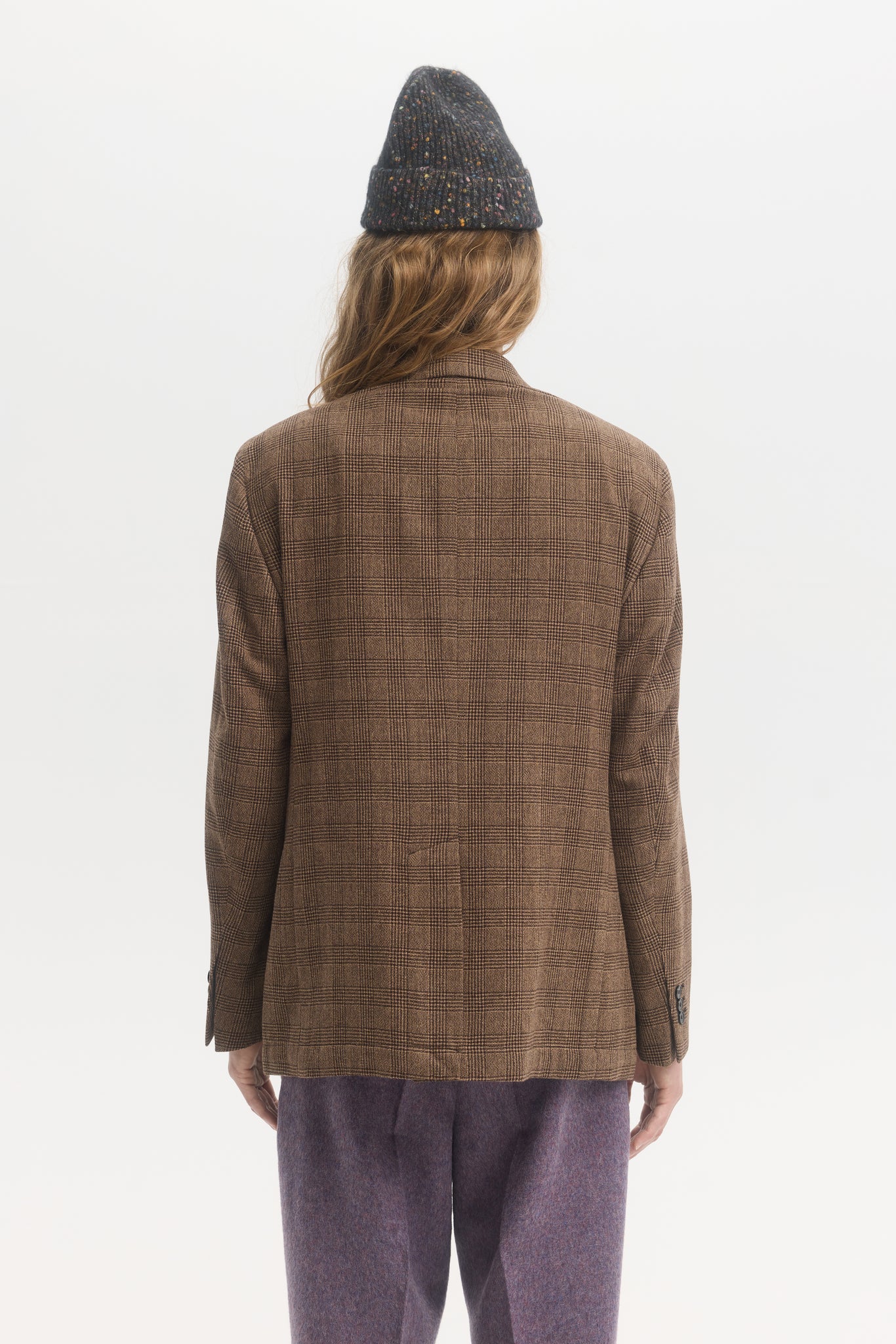 Brown brushed prince of wales wool unconstructed blazer