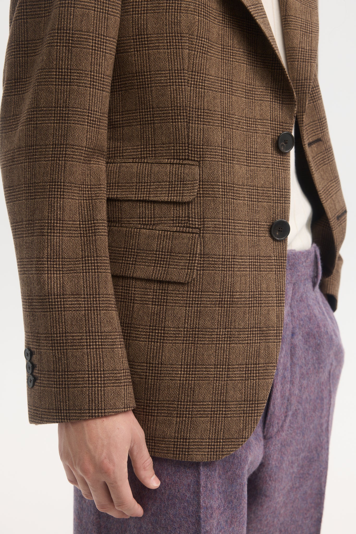 Brown brushed prince of wales wool unconstructed blazer